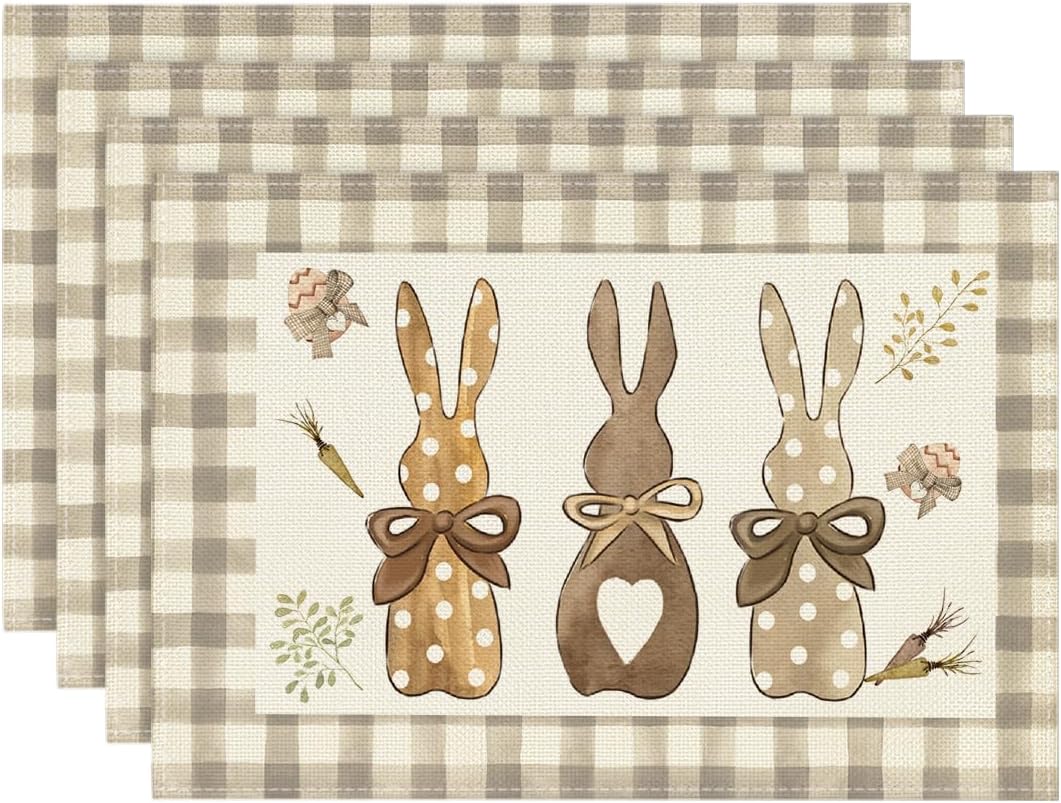 Buffalo Plaid Bunny Happy Easter Placemats Set of 4, 12x18 Inch Seasonal Holiday Table Mats for Party Kitchen Dining Decoration