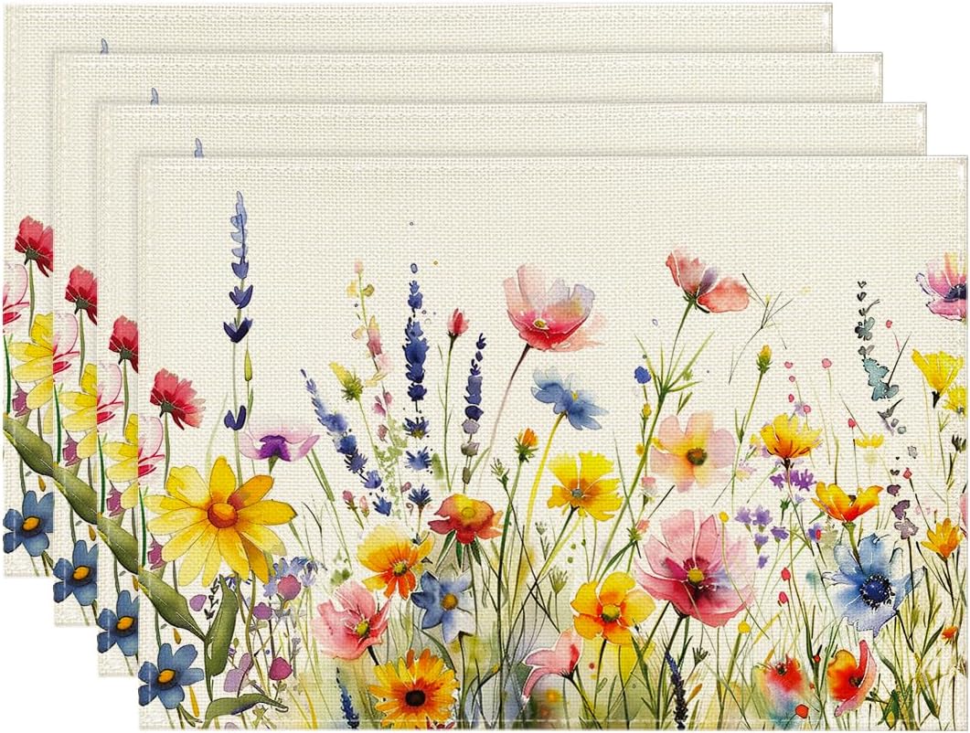 Daisy Lavender Floral Leaves Spring Placemats Set of 4,12x18 Inch Seasonal Spring Table Mats for Party Kitchen Dining Decoration