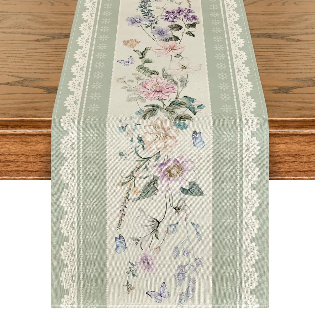Green Printed Lace Floral 210 GSM Spring Table Runner, Seasonal Summer Kitchen Dining Table Decoration for Home Party Decor 13x72 Inch