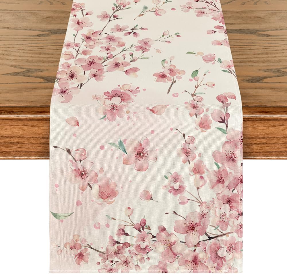 Floral Cherry Blossoms Branches Summer Table Runner, Seasonal Spring Kitchen Dining Table Decoration for Home Party Decor 13x72 Inch