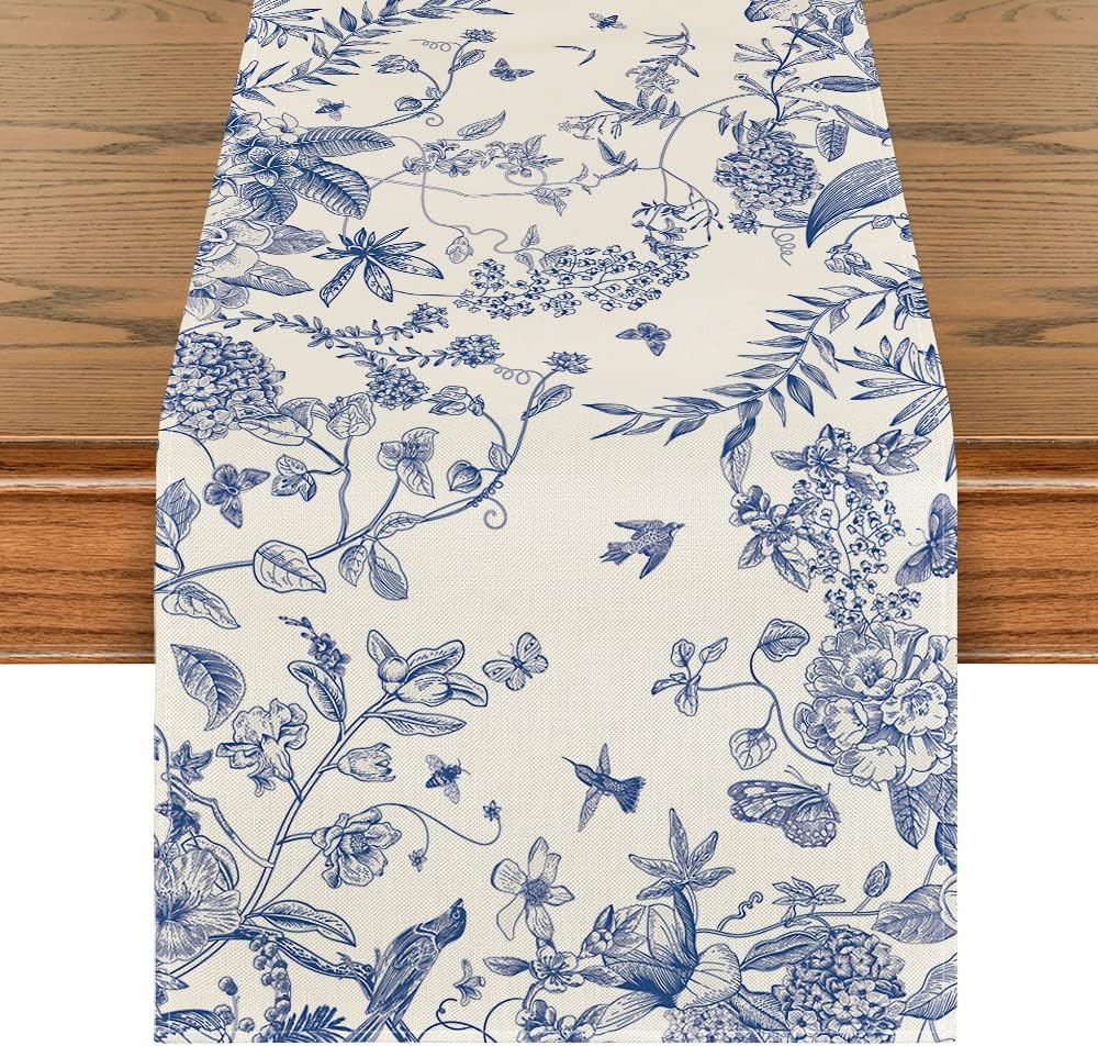 Monochrome Sketch Birds and Flowers Spring Table Runner, Seasonal Summer Fall Kitchen Dining Table Decoration for Home Party Decor 13x72 Inch