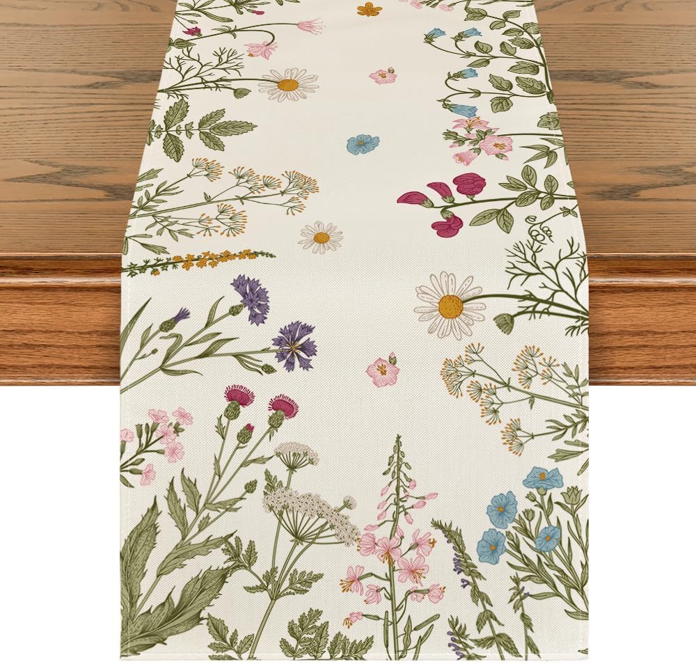 Flowers Spring Table Runner, Seasonal Kitchen Dining Table Decoration for Home Party Decor 13x72 Inch