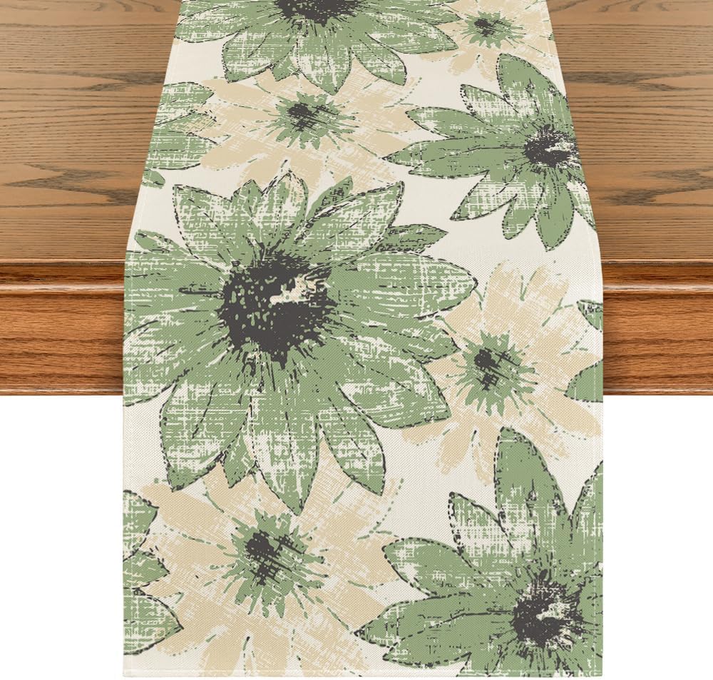 Green Retro Daisy Spring Table Runner, Seasonal Vintage Kitchen Dining Table Decoration for Home Party Decor 13x72 Inch