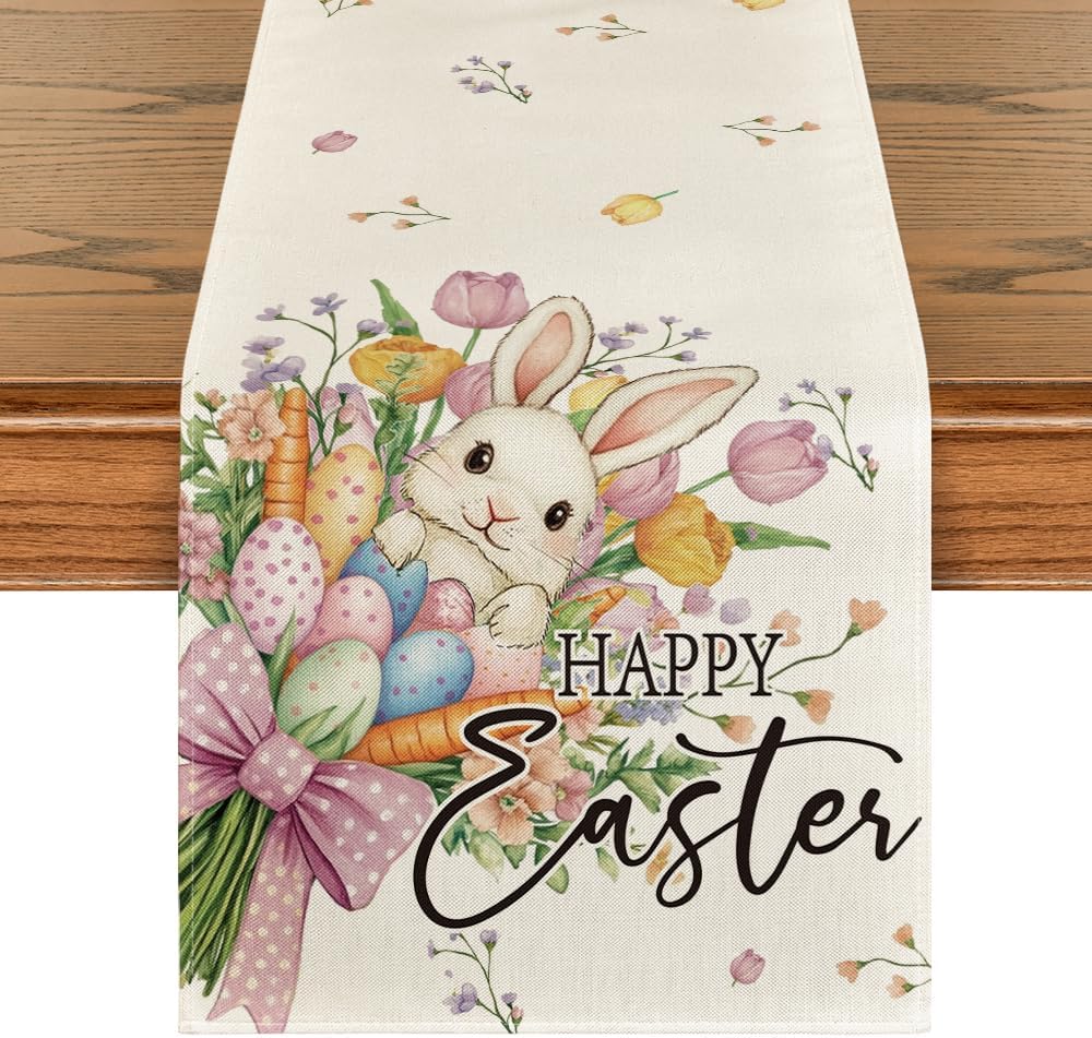 Bow Bunny Eggs Happy Easter Table Runner,Seasonal Spring Flowers Carrots Kitchen Dining Table Decoration for Home Party Decor 13x72 Inch