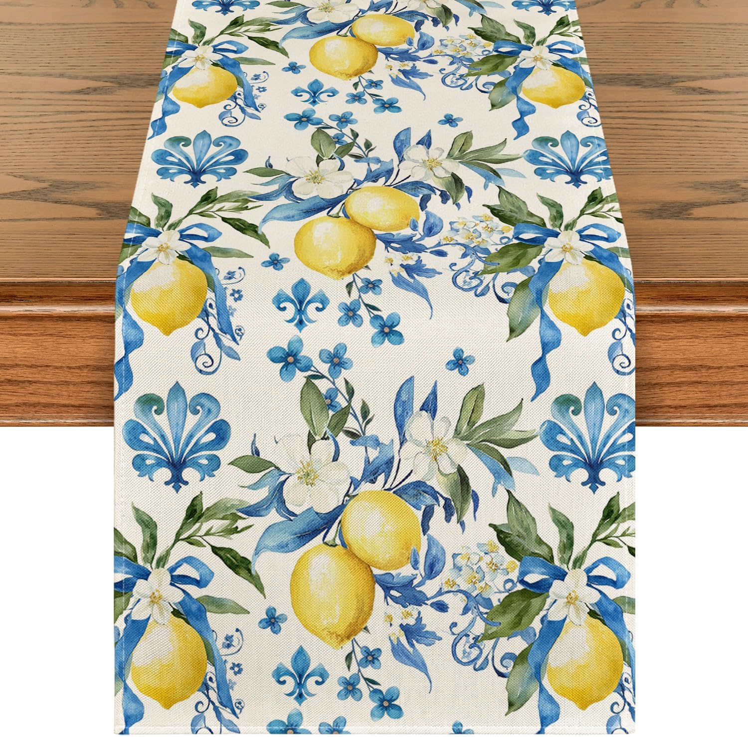Blue Lemon Iris Summer Table Runner, Seasonal Spring Kitchen Dining Table Decor for Home Party Decor 13x72 Inch
