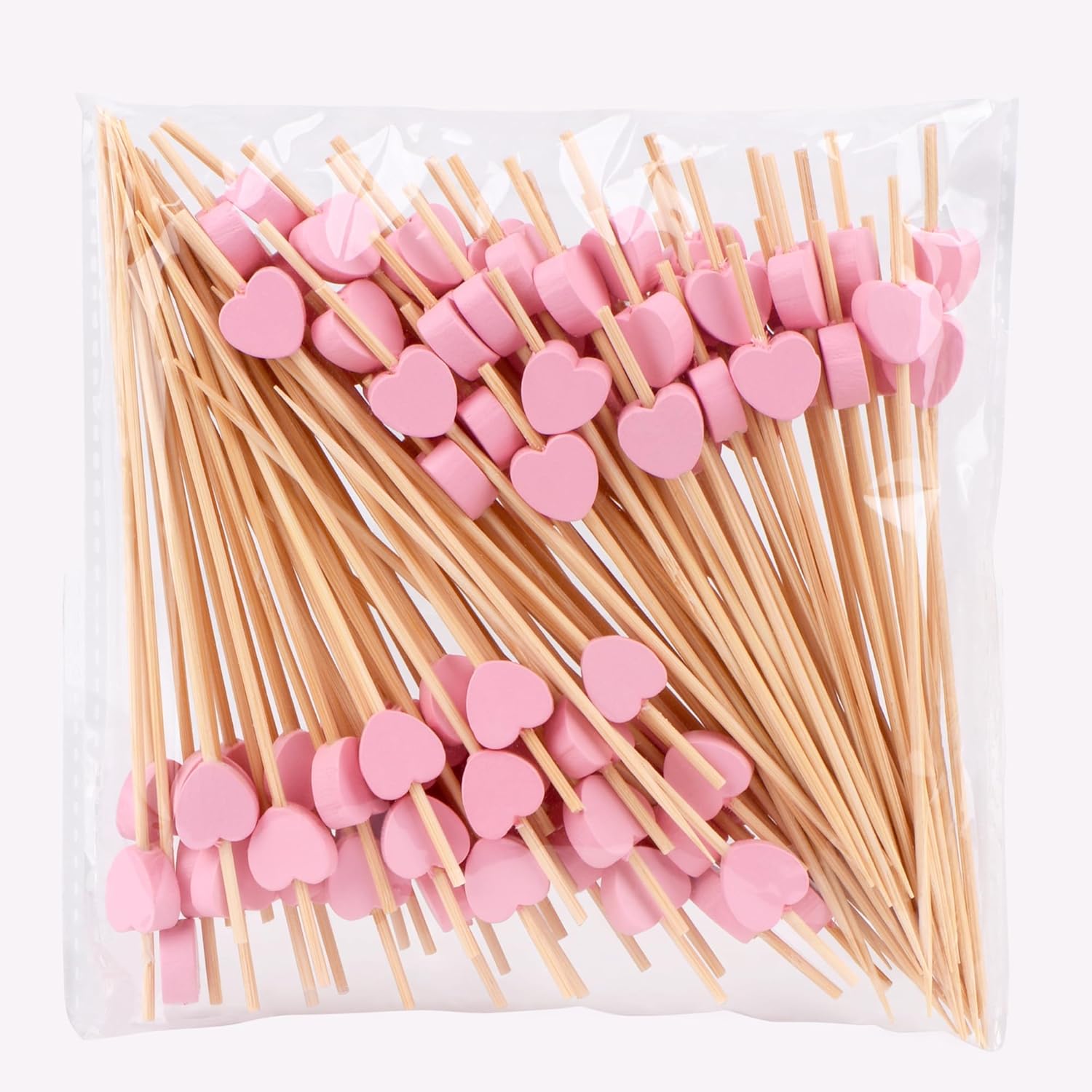 100 Pack Fruit Toothpicks, Heart-Shaped Bamboo Cocktail Picks, Natural Bamboo Toothpicks for Appetizers Fruit Cake Dessert Barbecue Snacks Sandwiches Pink