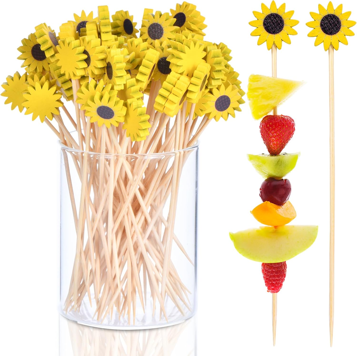 100 Pcs Flower Toothpicks for Appetizers, 4.7 Inch Fancy Cocktail Picks for Party Decoration, Bamboo Appetizer Skewers for Charcuterie Sandwich Burgers Fruit Drinks Party Yellow