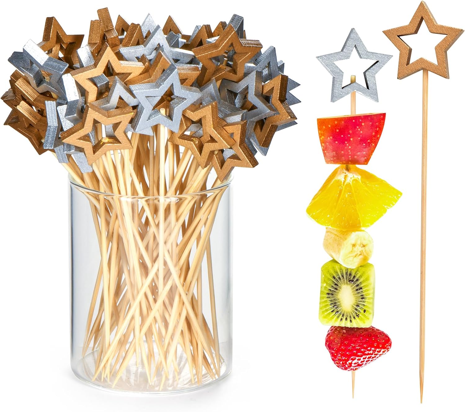 100 Pack Star Toothpicks for Appetizers, 5.5 Inch Natural Bamboo Cocktail Picks for Cake Dessert Food Fruit Christmas Party Decorations Two-Color