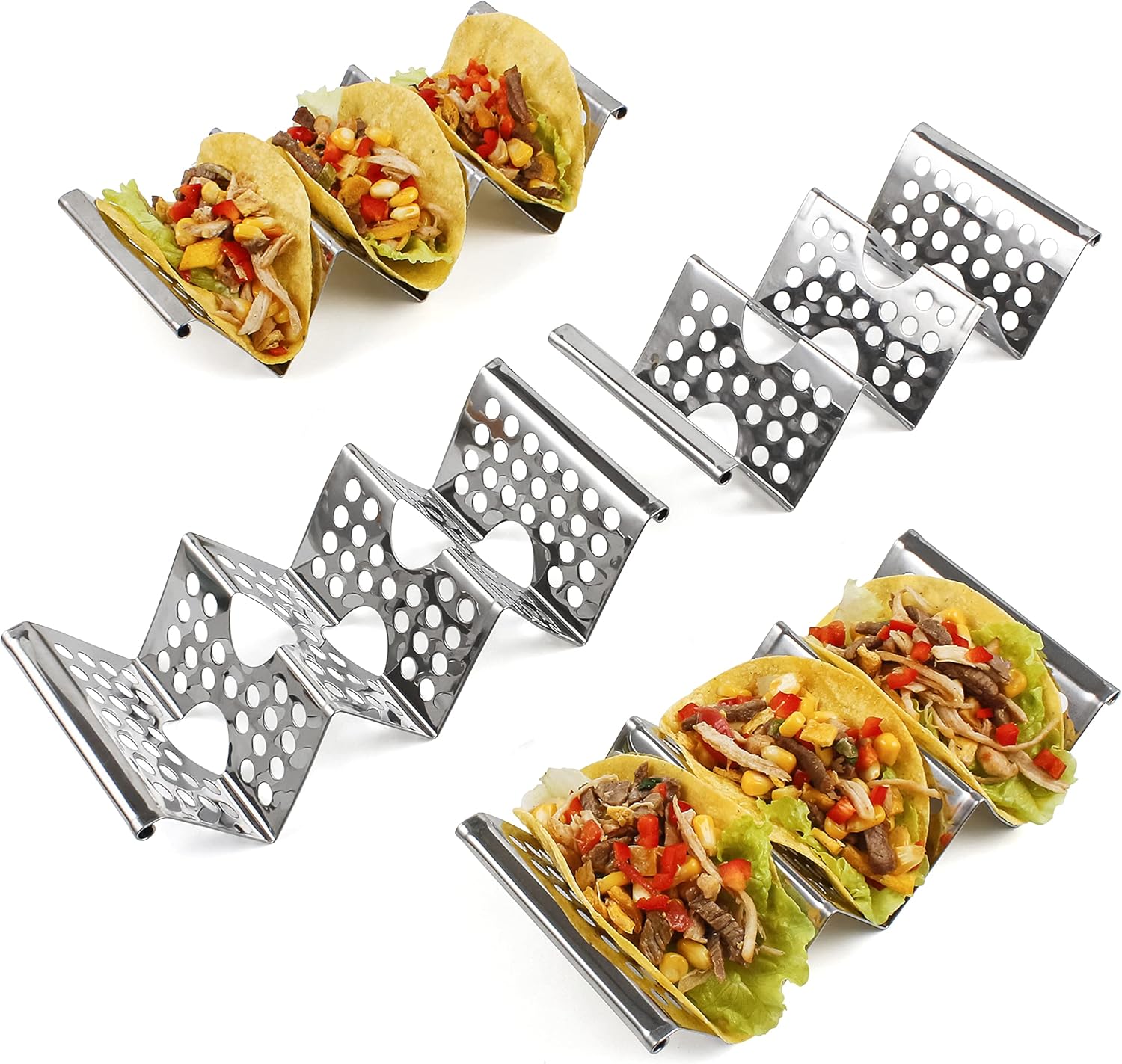 4 Pack Stainless Steel Taco Holders, Premium Taco Stands, Holds 2 Or 3 Tacos Each Taco Tray, Taco Rack With Easy-Access Handle, Food Grade Taco Plate Shells Oven & Grill Safe, BPA Free Hollow