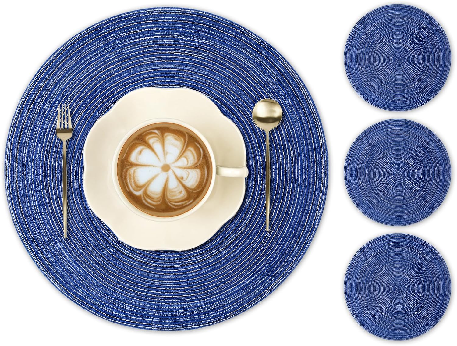 Round Braided Placemats 15inch, Placemats Set of 4 Non-Slip, Round Placemats Heat Resistant, Woven Placemats for Kitchen Dining Tables-Dark Blue Color