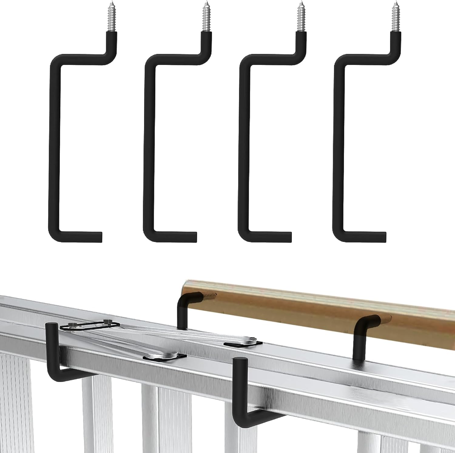 4 Pack Ladder Hooks-Bike Hooks Black Ladder Hanger for Ladder, Bike, Folding Chair, Cord, Hose, Wheelbarrow, Ideal Tool Organizer for Garage Wall Storage