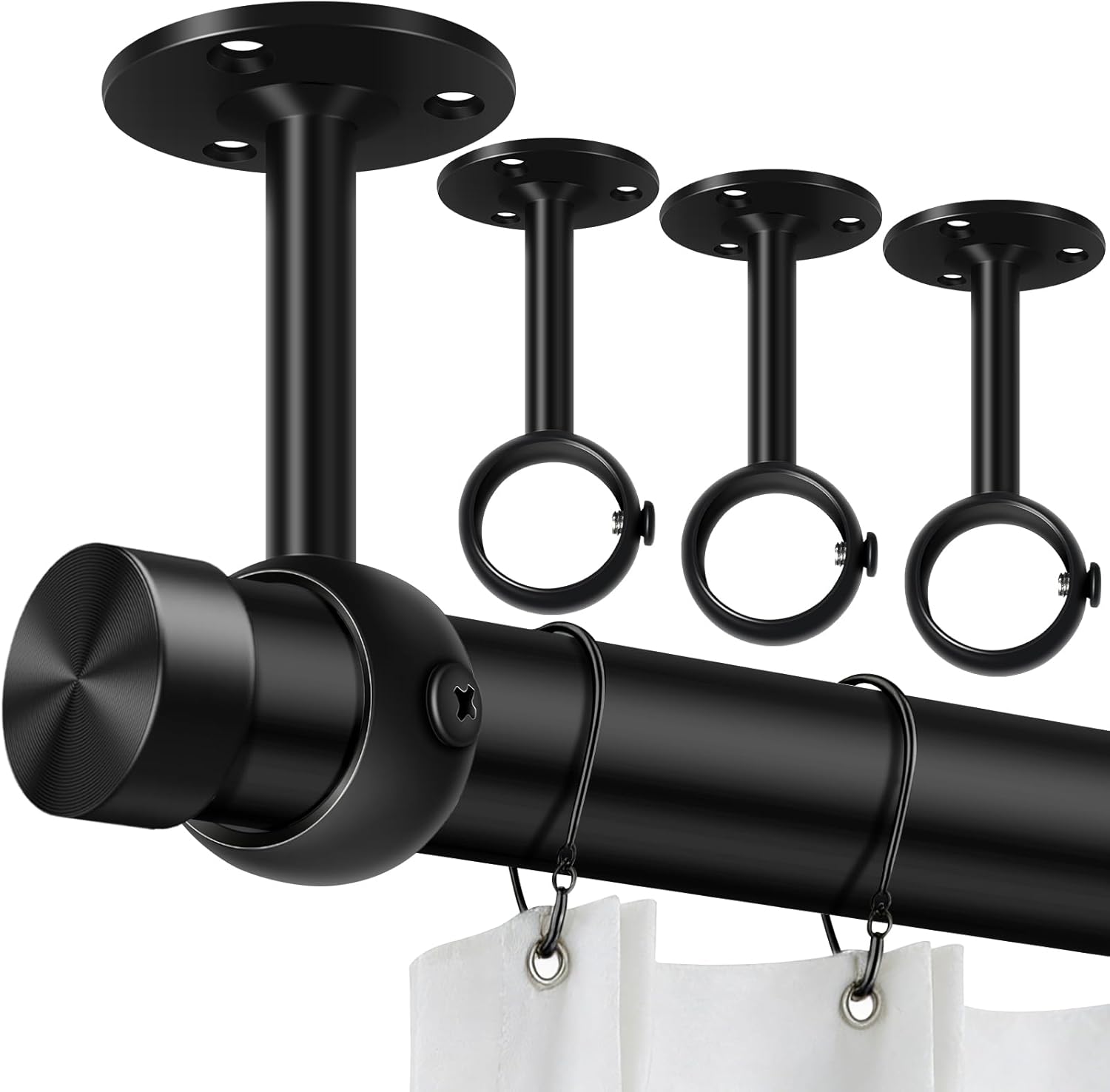 Curtain Rod Brackets, Ceiling Heavy Duty Holders, Black 4 Pack Hooks Hangers for 1 1/4-Inch Drape Poles