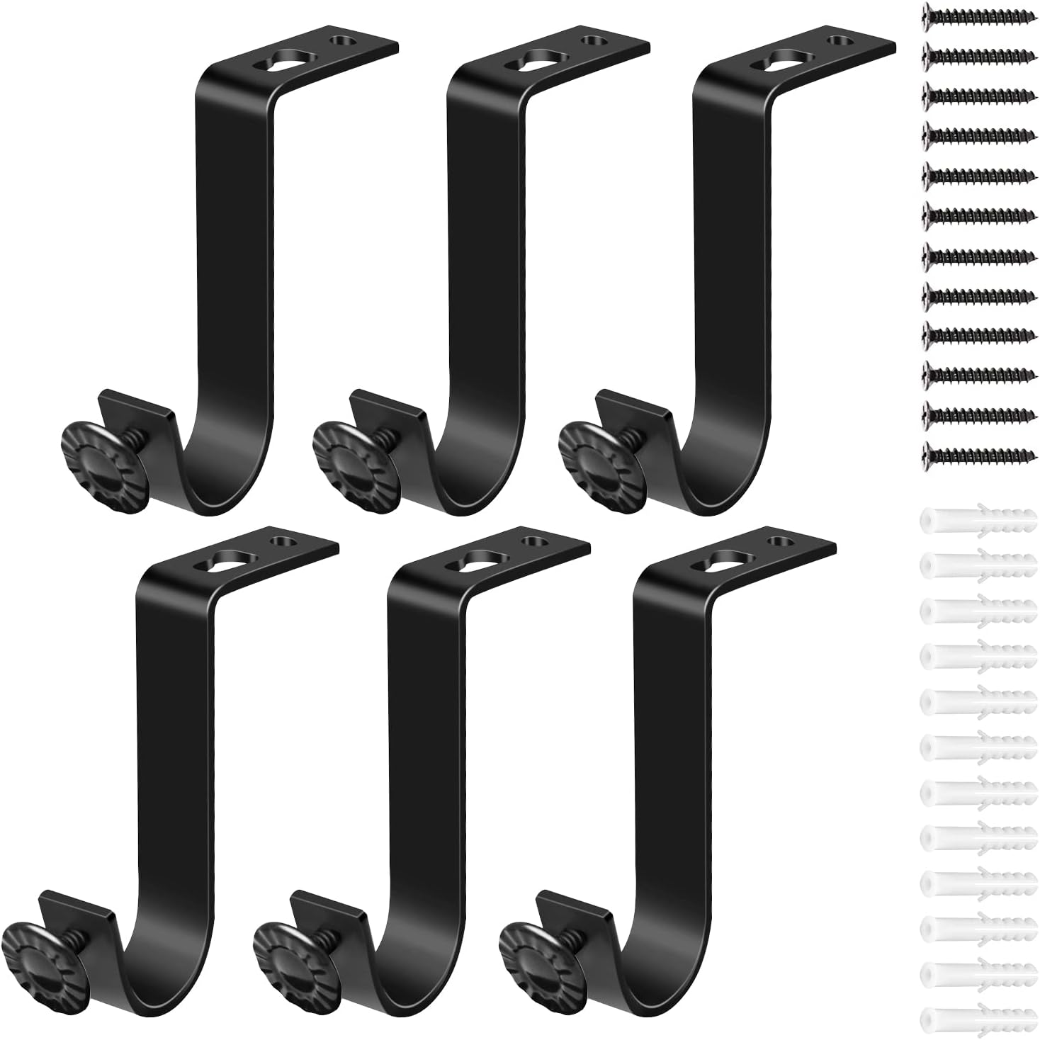 Ceiling Curtain Rod Bracket, Heavy Duty Curtain Rods Holders, 6 Pack Black Ceiling Curtain Hooks Hangers Decorative Vintage Drapery Rod Support Brackets for 3/4 Inch to 9/10 Inch Poles