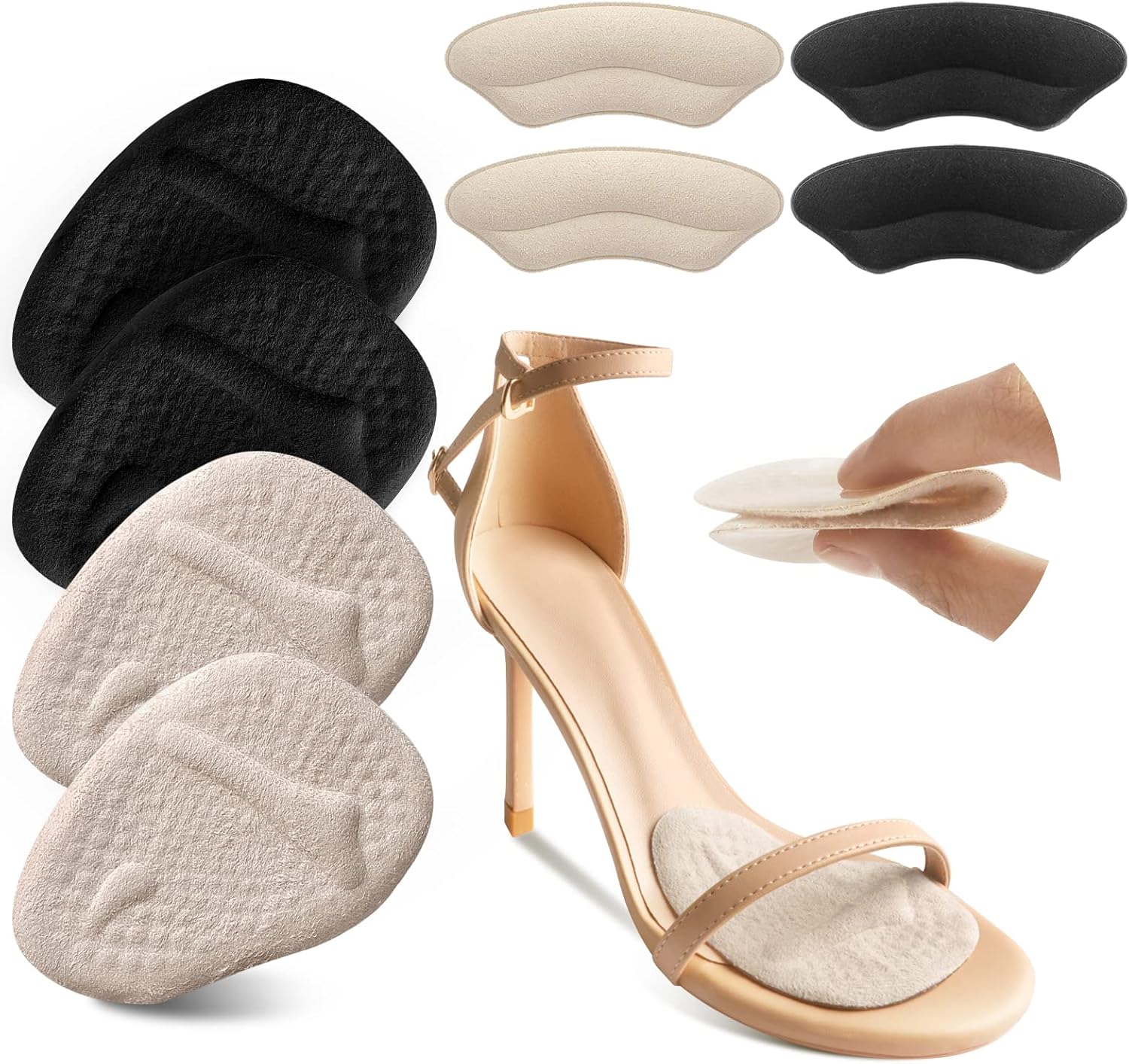 Metatarsal Pads, Ball of Foot Cushions, Heel Pads Inserts for Too Big Shoe, Reduce Foot Pain, No Slip Heel Grips Liners Shoe Pads for Loose Shoe, Blisters Beige+Black