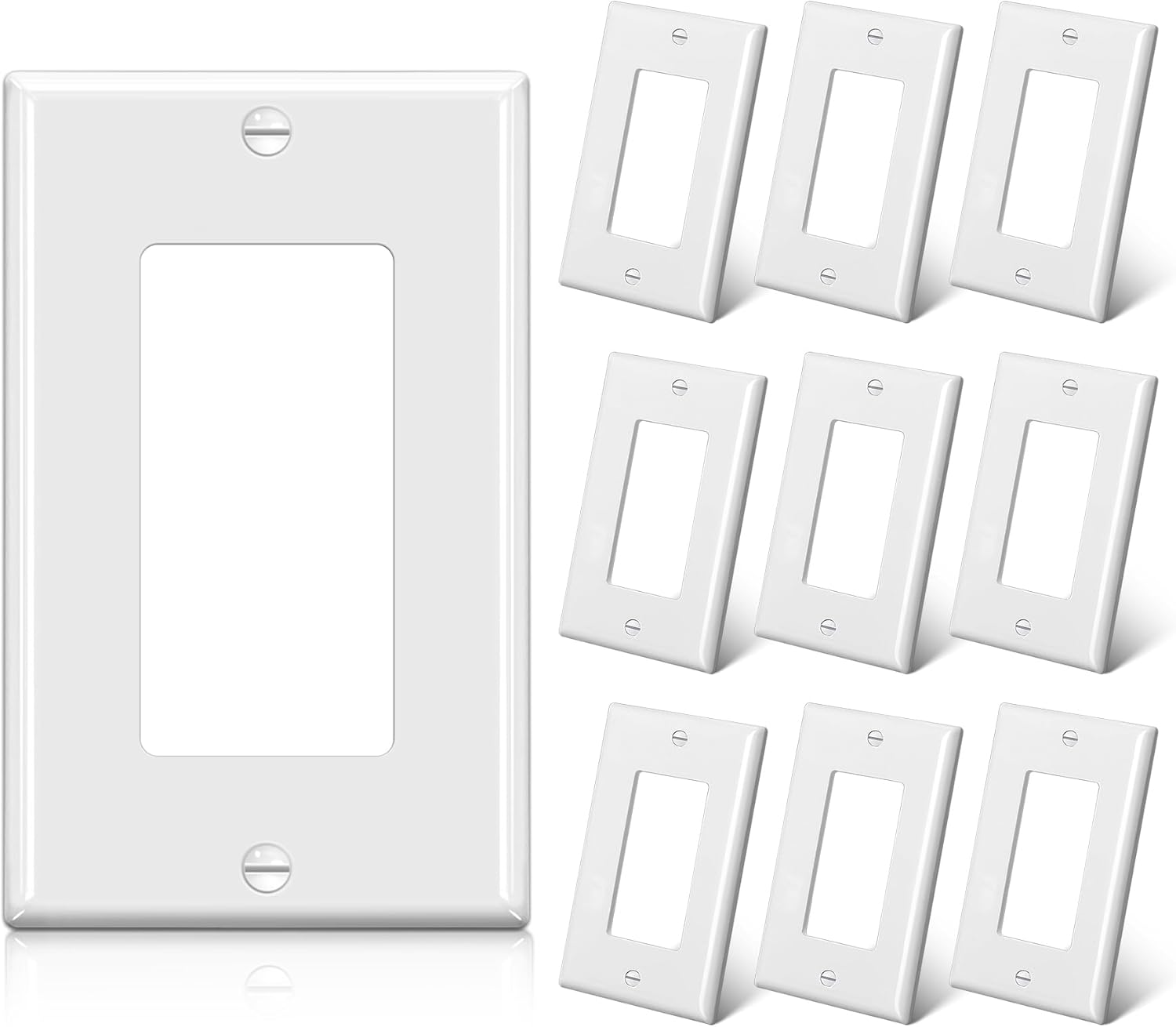 10 Pack 1-Gang Decorator Wall Plate, Standard Size Receptacle Outlet Plate, Unbreakable Polycarbonate Light Switch Cover, cUL Listed Single Decor Faceplate, White