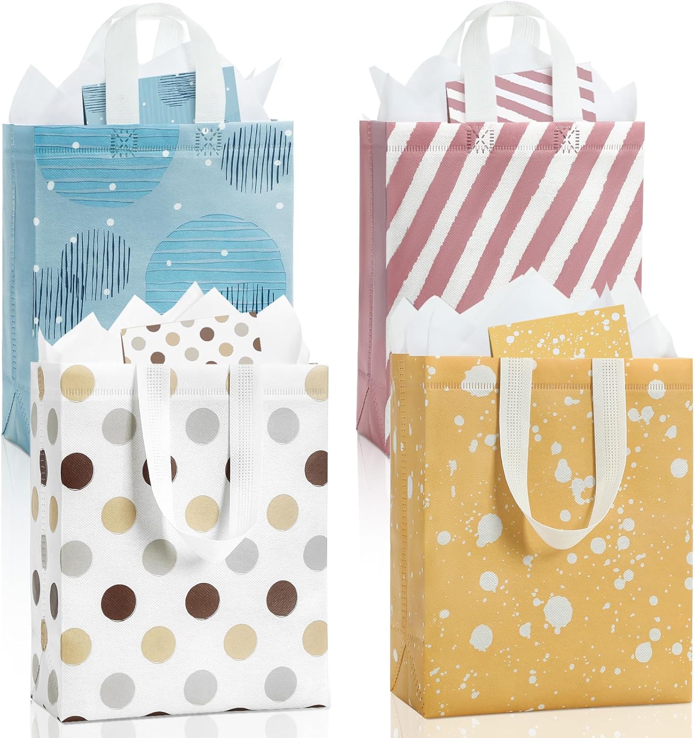 10" Gift Bags Medium Size 4 Pack - Includes Tissue Paper & Cards, Reusable Non-Woven Gift Bags with handles, Perfect for Birthday, Wedding, Baby Shower, Party, Holiday, 10" x 8" x 4"