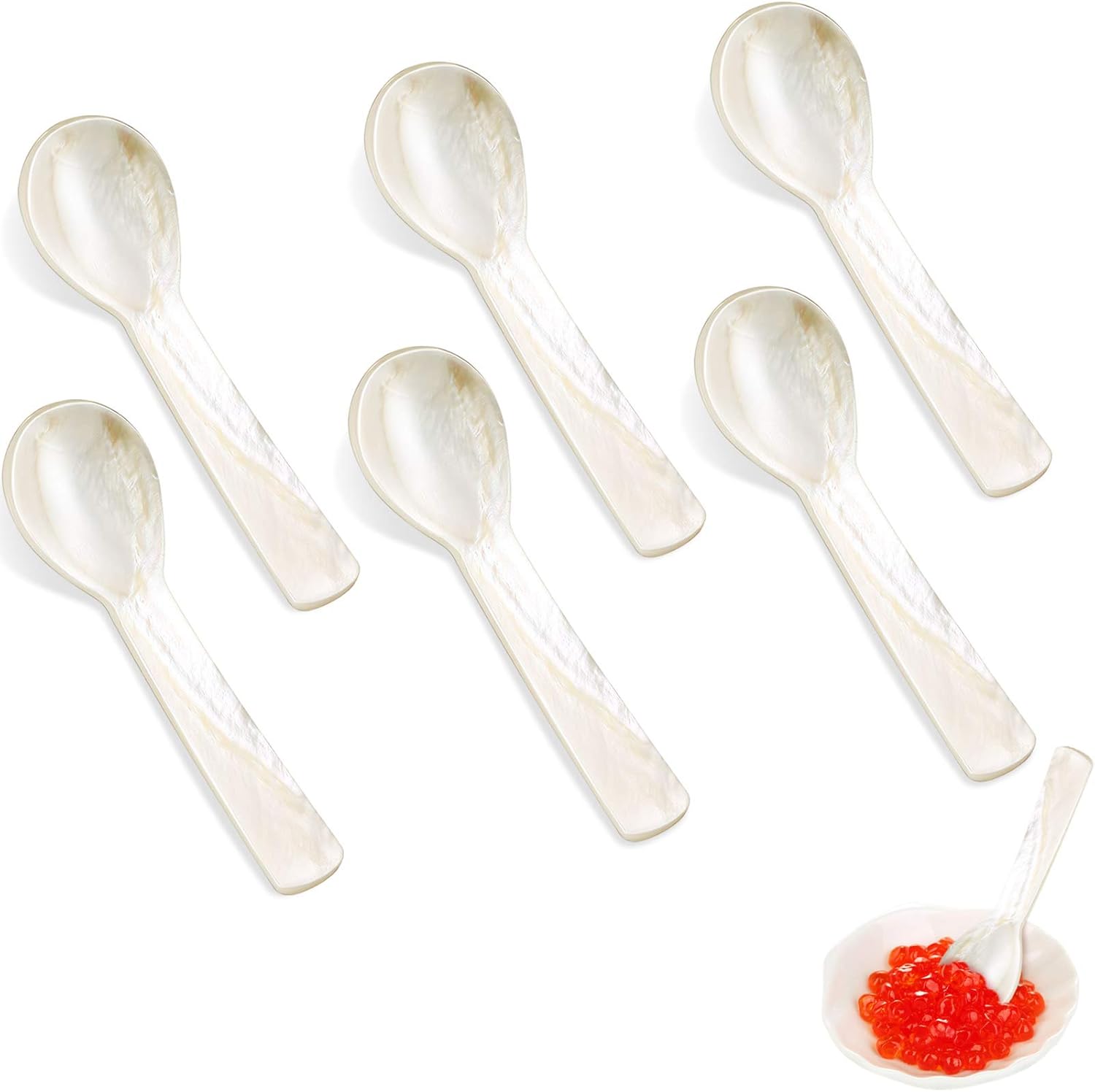 Caviar Spoons Mother of Pearl Mop Spoons with Hand Craft W Round Handle for Caviar, Egg, Ice Cream, Salt, Coffee Serving, Restaurant Serving Set 6 Pieces,3.55 Inch