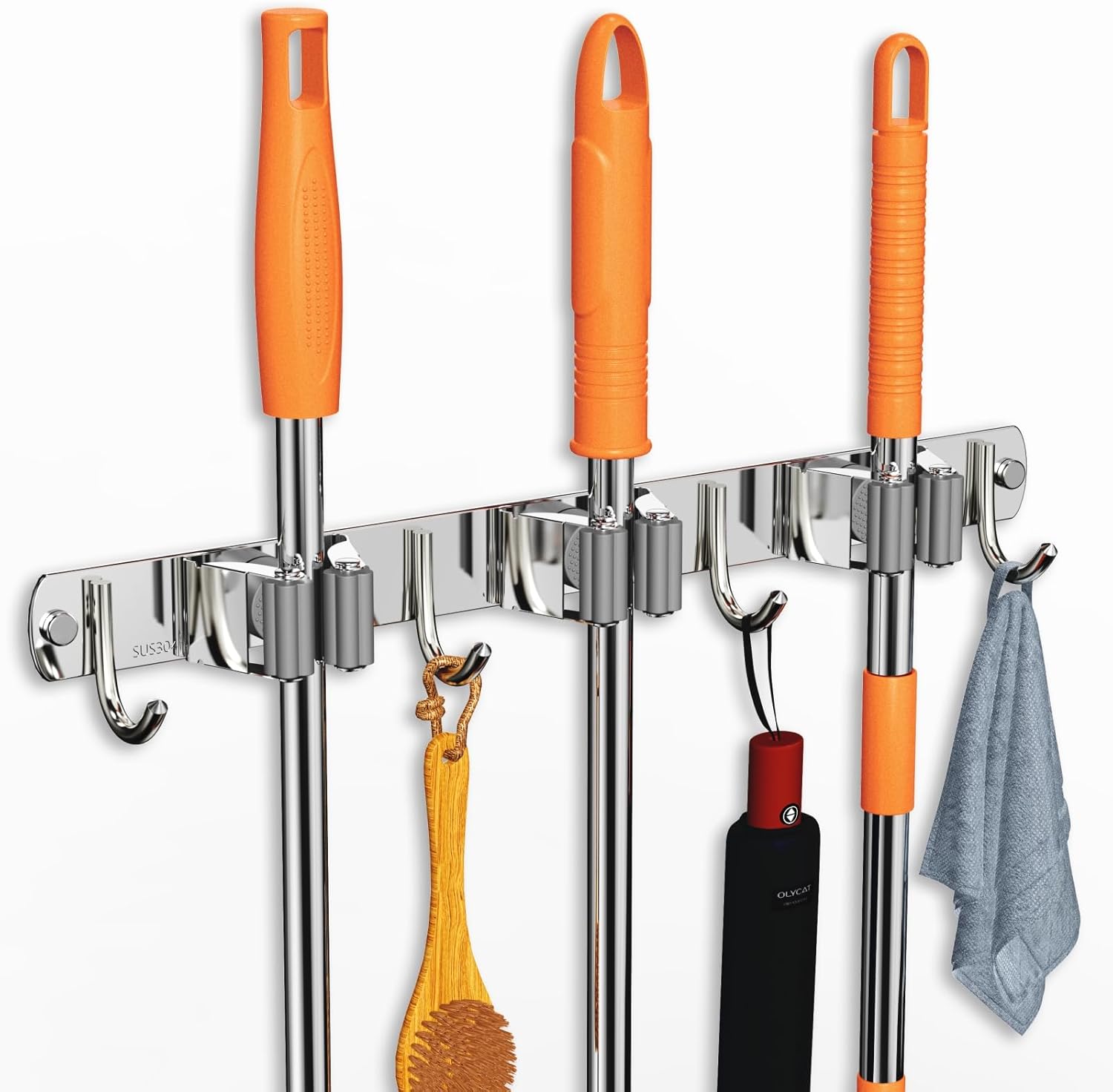 Mop and Broom Holder Wall Mount, Upgraded Broom Organizer Wall Mount, Stainless Steel Broom Hanger Wall Mount for Home Kitchen Garden Laundry Garage 3 Racks with 4 Hooks