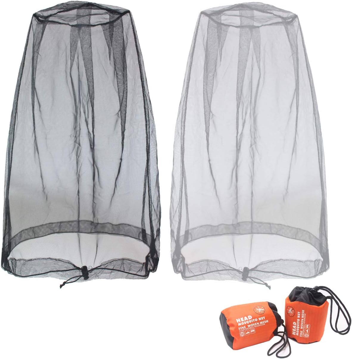 Mosquito Head Net Mesh, Face Neck Fly Netting Hood from Bugs Gnats Noseeums Screen Net for Any Outdoor Lover- with Carry Bags Fits Most Sizes of Hats Caps 2pcs, Black and Grey, Updated Big Net
