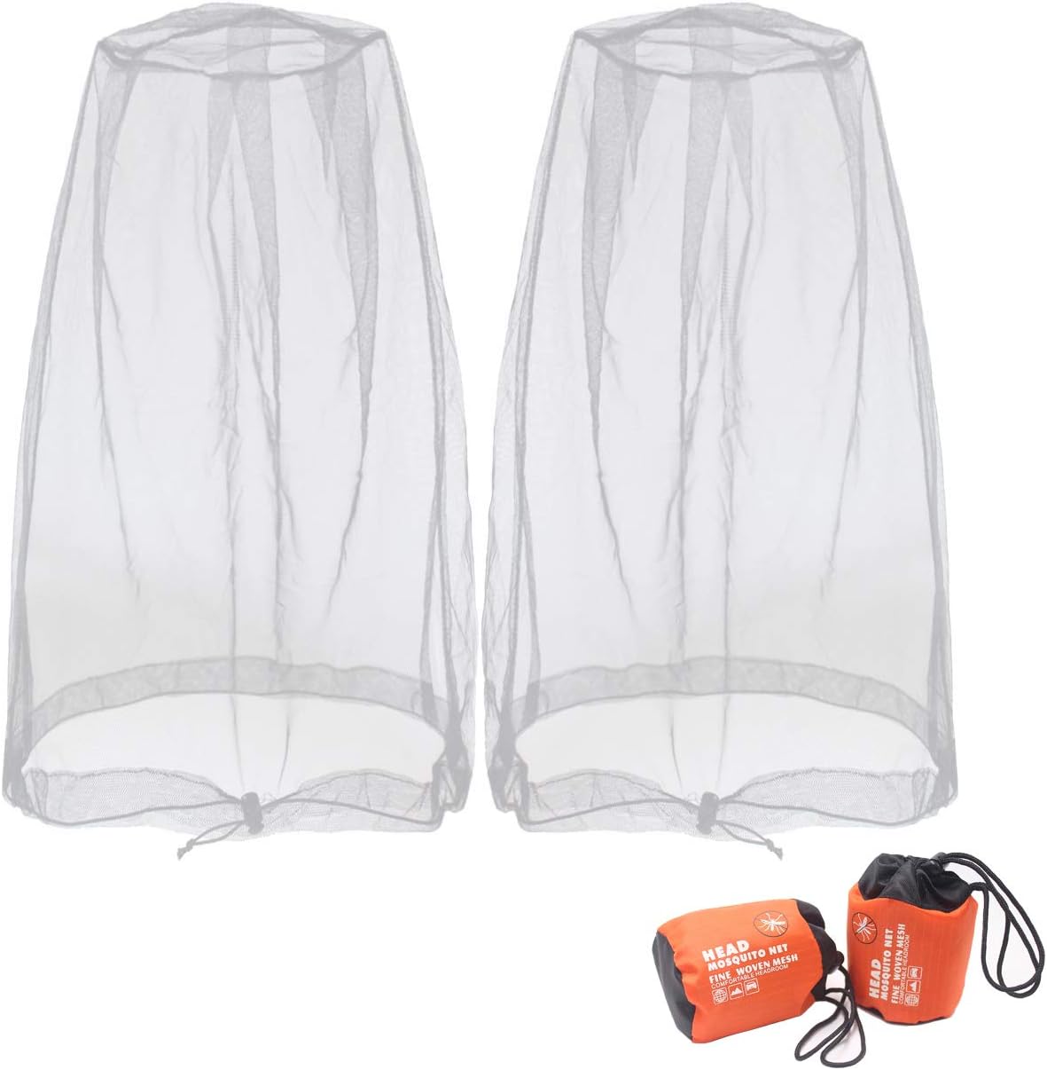 Mosquito Head Net Mesh, Face Neck Fly Netting Hood from Bugs Gnats Noseeums Screen Net for Any Outdoor Lover- with Carry Bags Fits Most Sizes of Hats Caps 2pcs, Light Grey, Updated Big Net