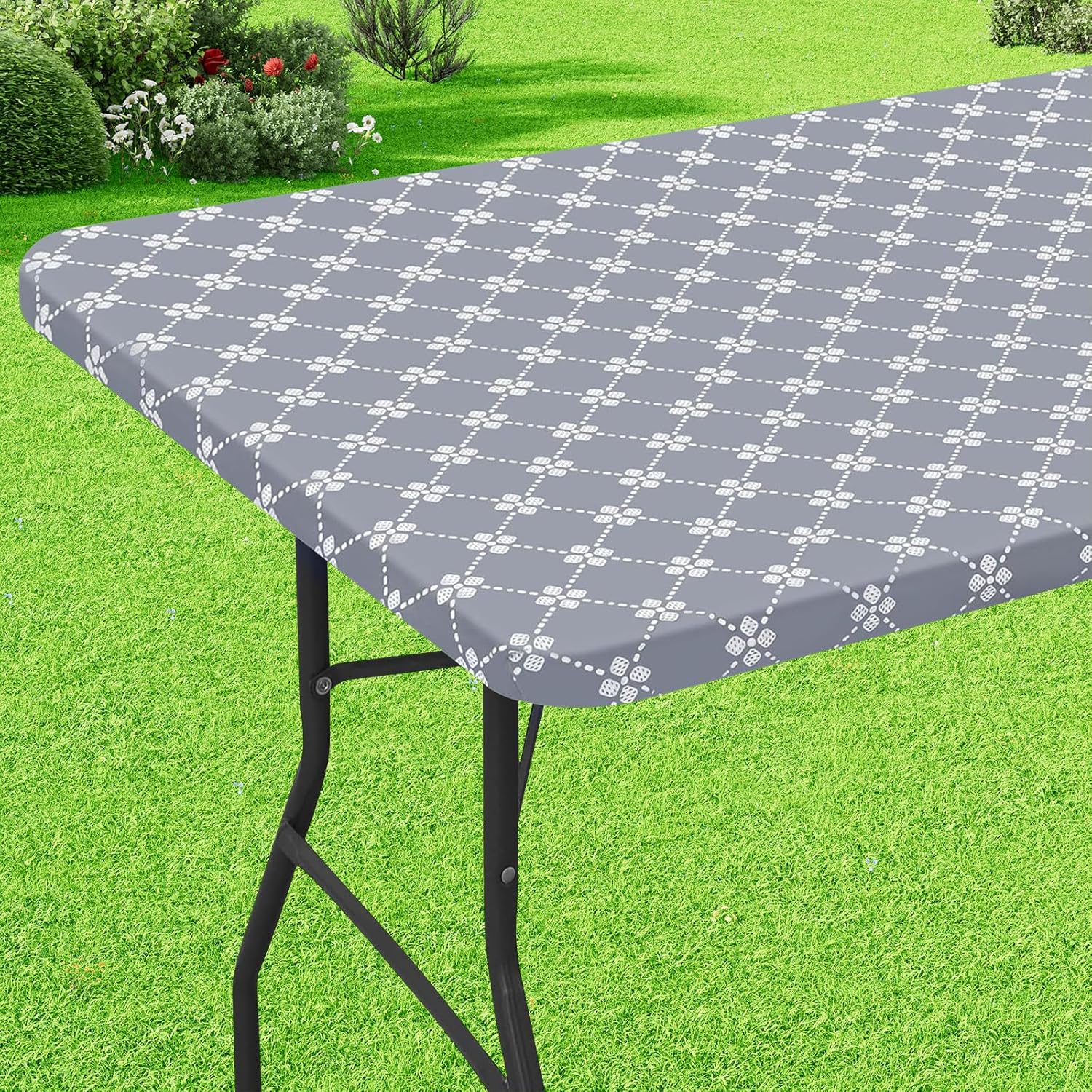 Rectangle Vinyl Table Cloth, Elastic Fitted Tablecloth with Flannel Backing, Waterproof Plastic Table Cover Fits 6 Foot Folding Tables for Easter, Camping, Indoor and Outdoor Grey, 30" x 72"