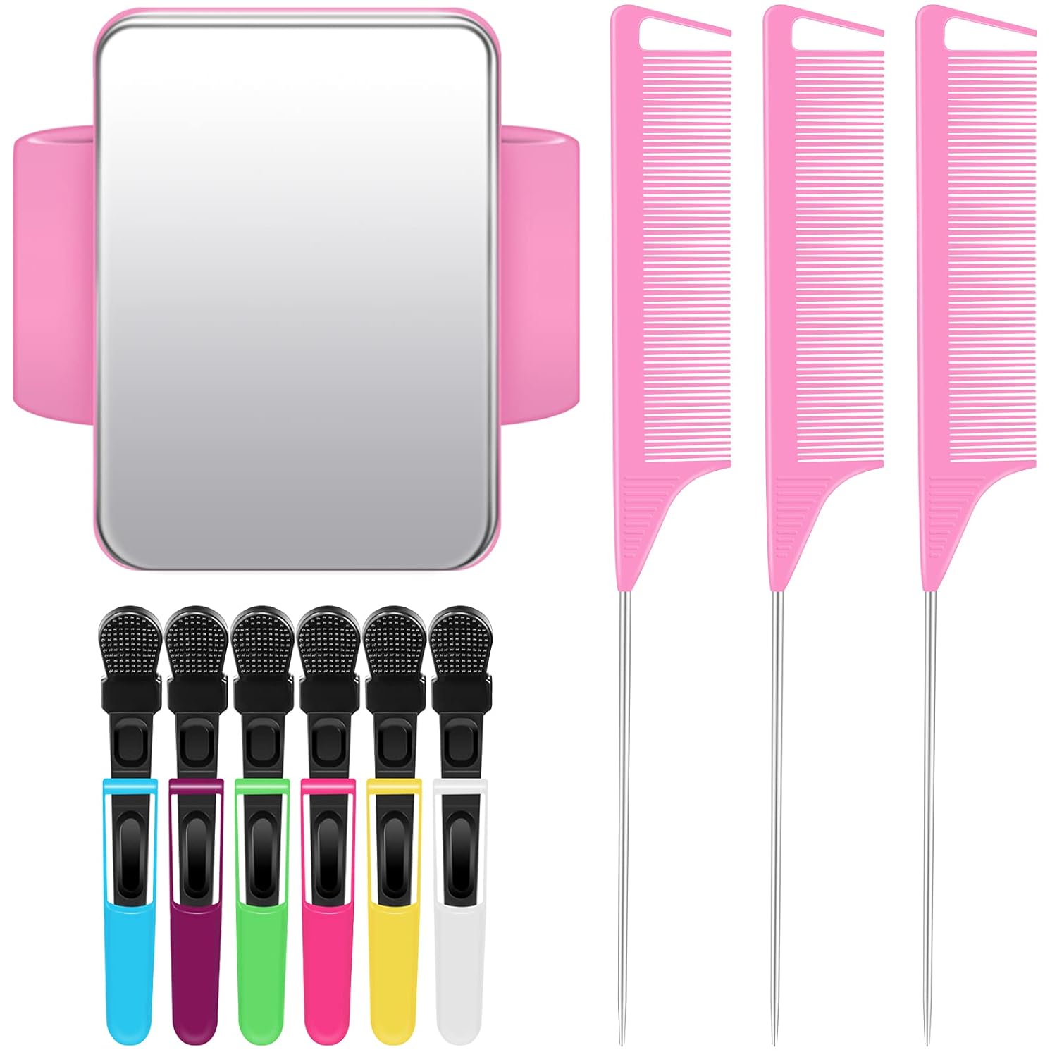 10 Pcs Hair Styling Tools Set Magnetic Gel & Silicone Wristband for Stylists and Braiders, Wrist Strap, 3 Rat Tail Combs and 6 Plastic Clips Pink Wrist Strap
