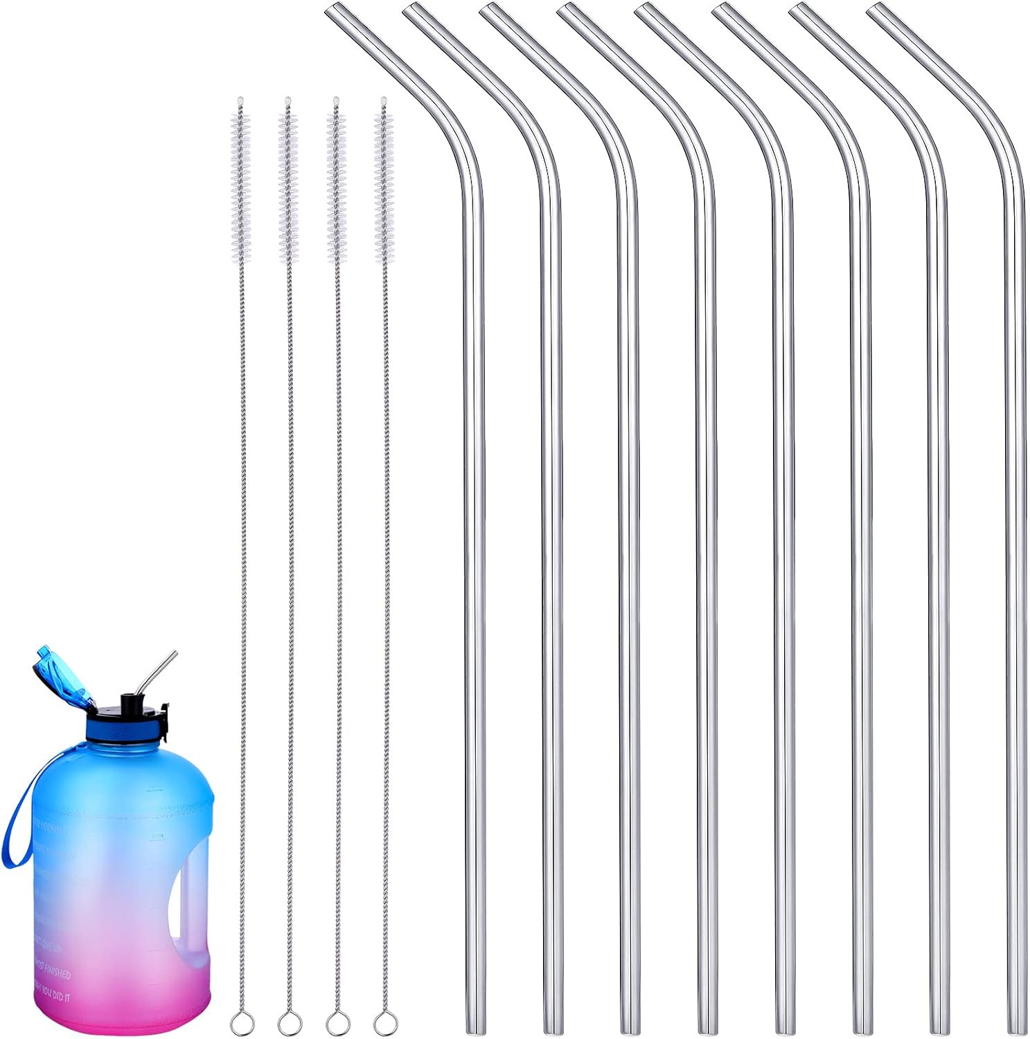 8 Pieces 14 Inch Reusable Stainless Steel Straws Long Drinking Straws for 100 oz Tumblers, Extra with 4 Pieces Cleaning Brush Silver