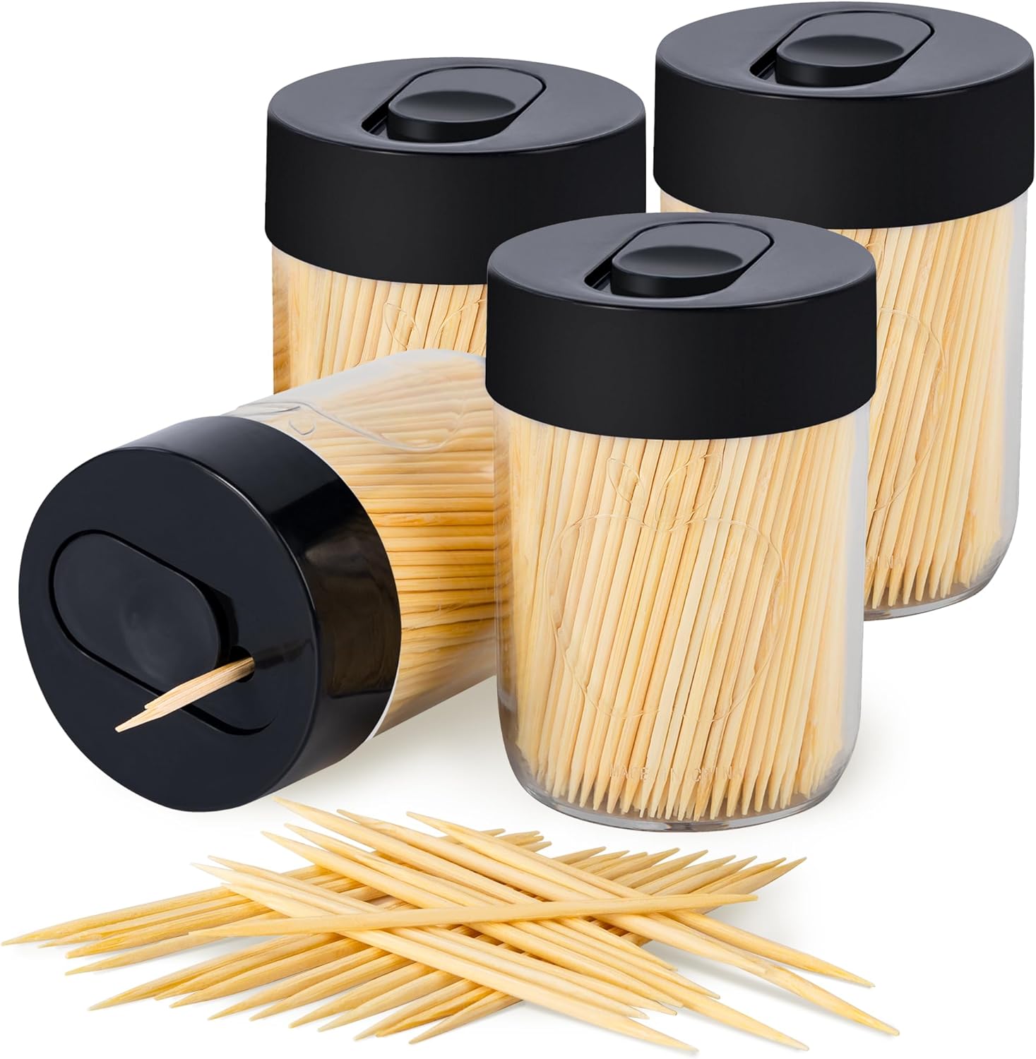 Sturdy Safe Toothpick Holder with 1600 Natural Wood Toothpicks for Teeth Cleaning, Unique Home Design Decoration, Unusual Gift, 4 Pack Black