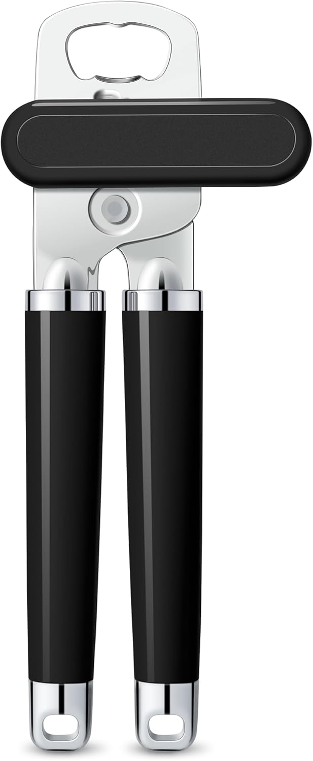 XL Large Heavy Duty Can Opener Manual Smooth Edge, Hand Held Can Openers for Seniors, Stainless Steel, Comfortable Handle, Built-in Bottle Opener, 8.66 inch Black