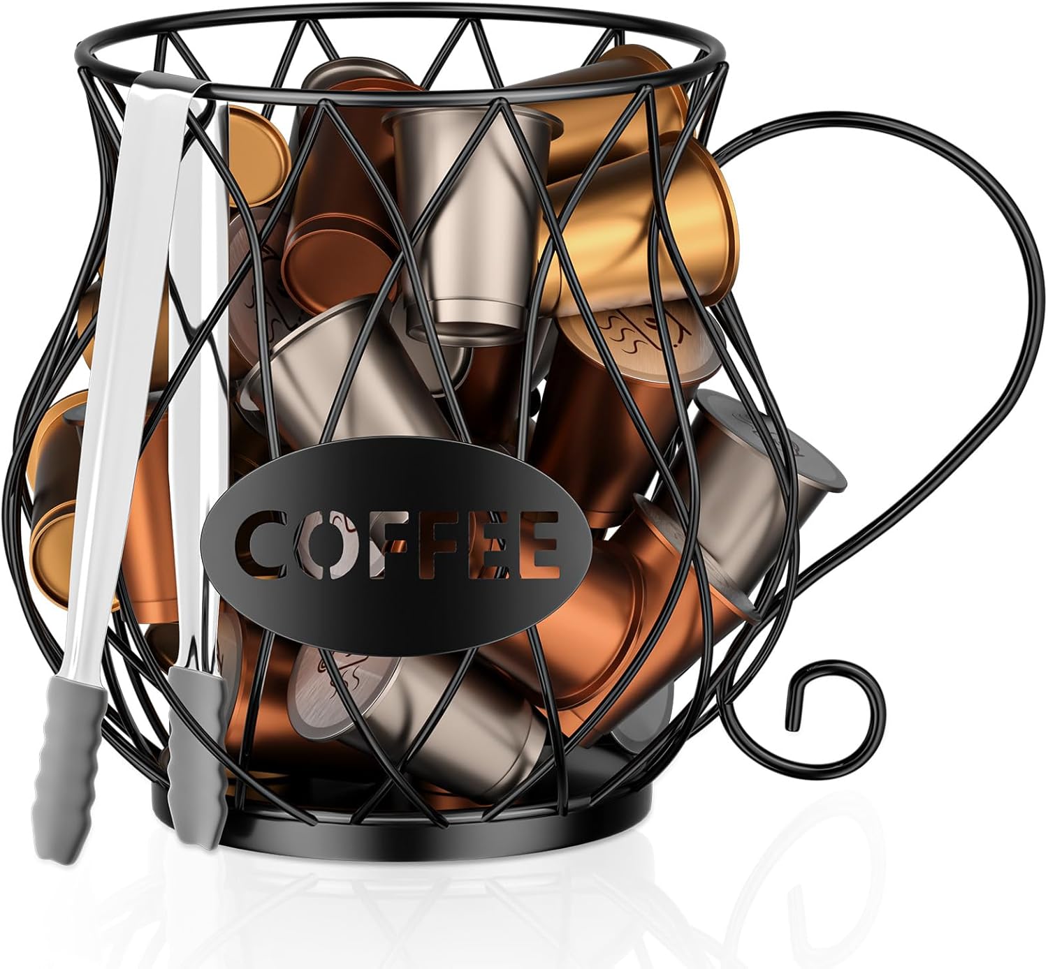 K Cup Holder with Ice Tongs, Large Capacity Coffee Pod Holder for 10-30 Capsules, Metal Wire K Cup Organizer Coffee Pod Organizer, Storage Basket for Kitchen Office Accessories
