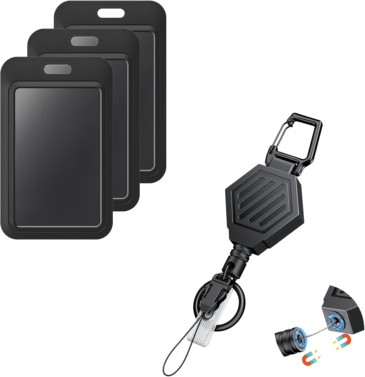 Heavy Duty Retractable Keychain with Magnetic Closure Retractable Badge Reel with 3 Pack Sliding ID Badge Holder Hard Black Vertical Plastic Card Case
