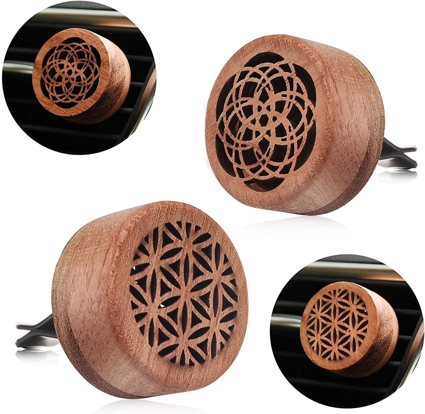 2-in-1 Car Aromatherapy Diffuser & Air Freshener, Portable Mini Wood Diffuser with Lava Stone, Essential Oil Vent Clip, 2 Charming Patterns
