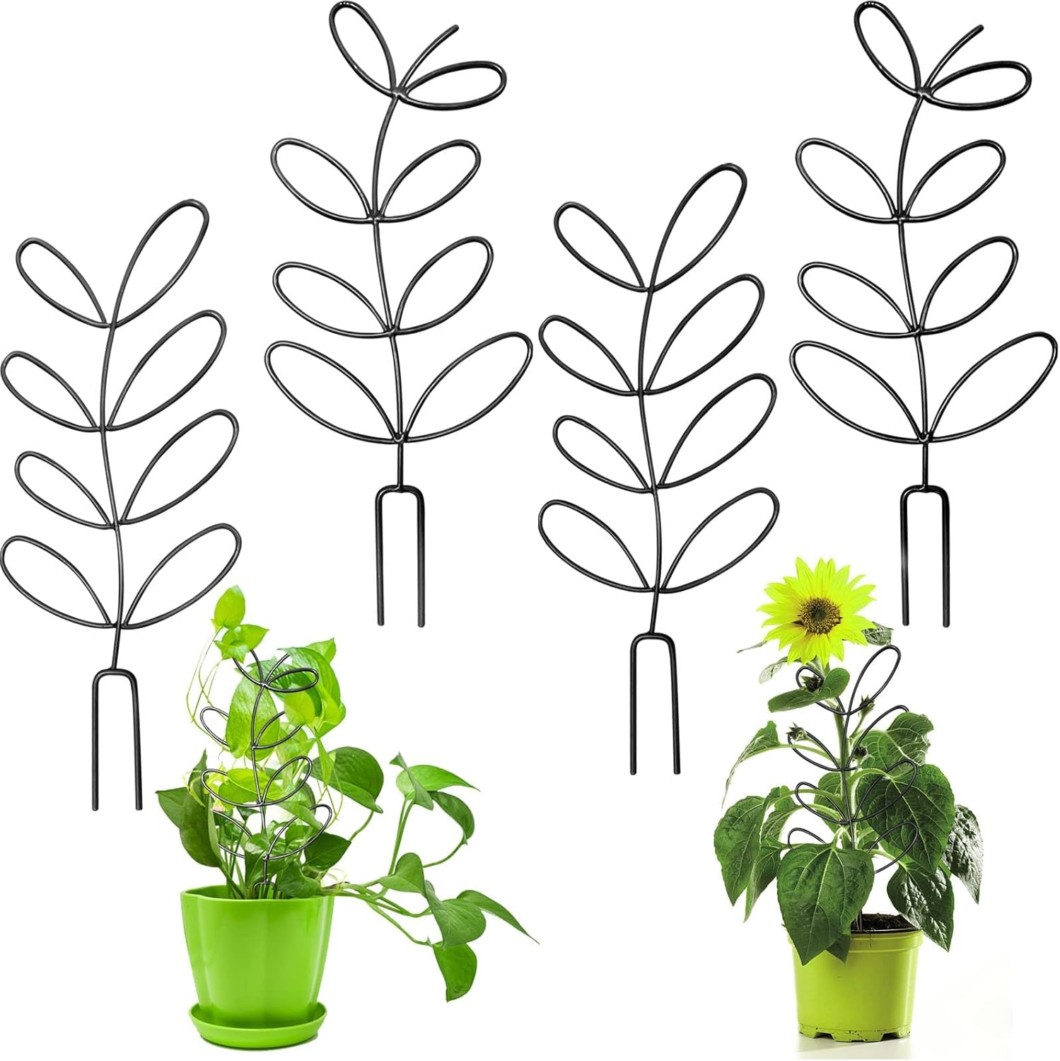 4 Pcs Small Metal Trellis for Potted Plants,Indoor Plants Trellis for Climbing,Leaf Shapes Mini Plant Trellis Support Stake House Plant Trellis for Garden Potted, Hoya, Pothos, Flower, Monstera Black