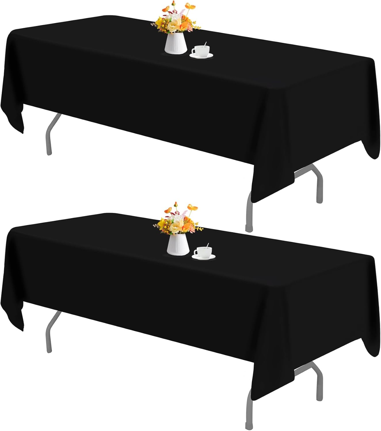 2 Pack 60 x 102 Inch Black Rectangle Tablecloth for 6 Foot Table Washable Reusable Outdoor Polyester Fabric Decorative Table Cover for Dining, Buffet, Camping, Baby Shower, Party