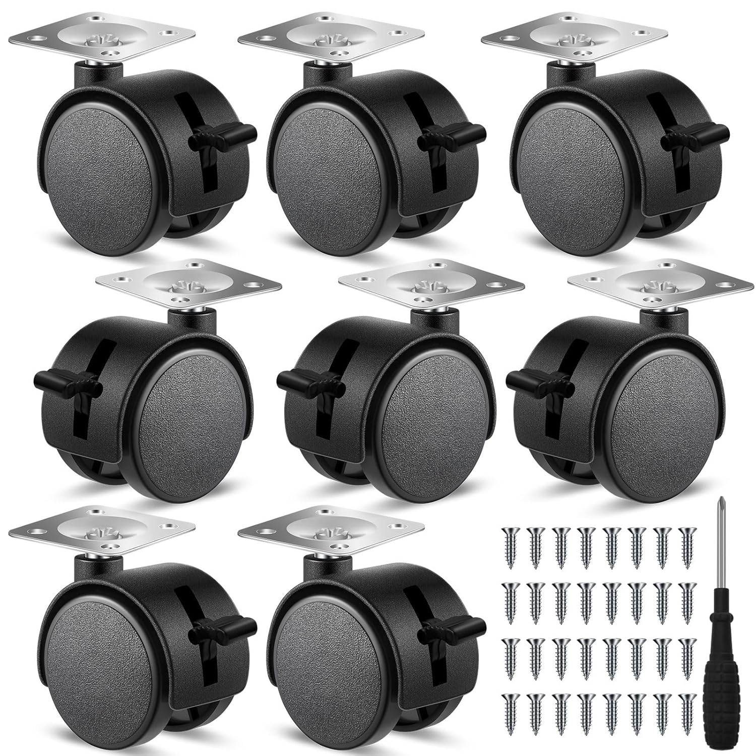 8 Pcs 1.5 Inch Plastic Furniture Wheels with Brake Swivel Replacement Wheels Small Nylon Plastic Casters for Rolling Cart Table Chair Cabinet, Black Flat Style