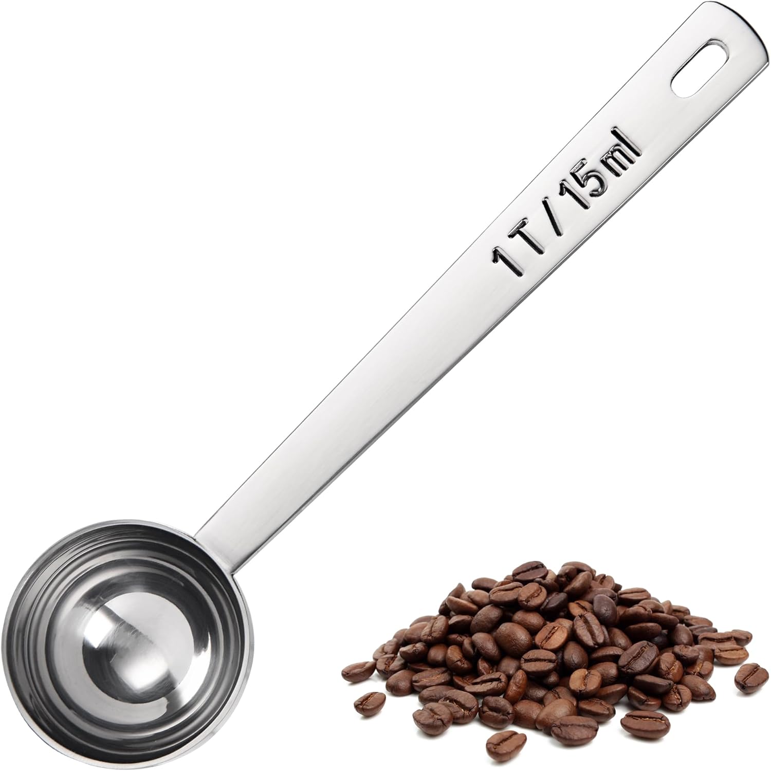 Coffee Scoop 1 Tablespoon: 18/8 Stainless Steel Measuring Scooper for Ground Coffee, Bean, Powder, Espresso, 4.3in Long Handle Metal Measure Spoon for Canister, Jar 1Tbsp/15ml