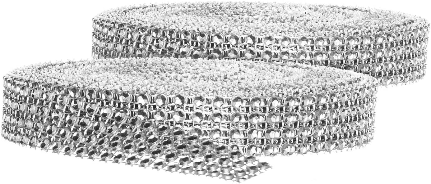 Rhinestone Diamond Bling Wrap Ribbon for Wedding Cake, Party, Holiday & Home Decoration, Silver 4-Rows, 2 Rolls 10 YDS EA.