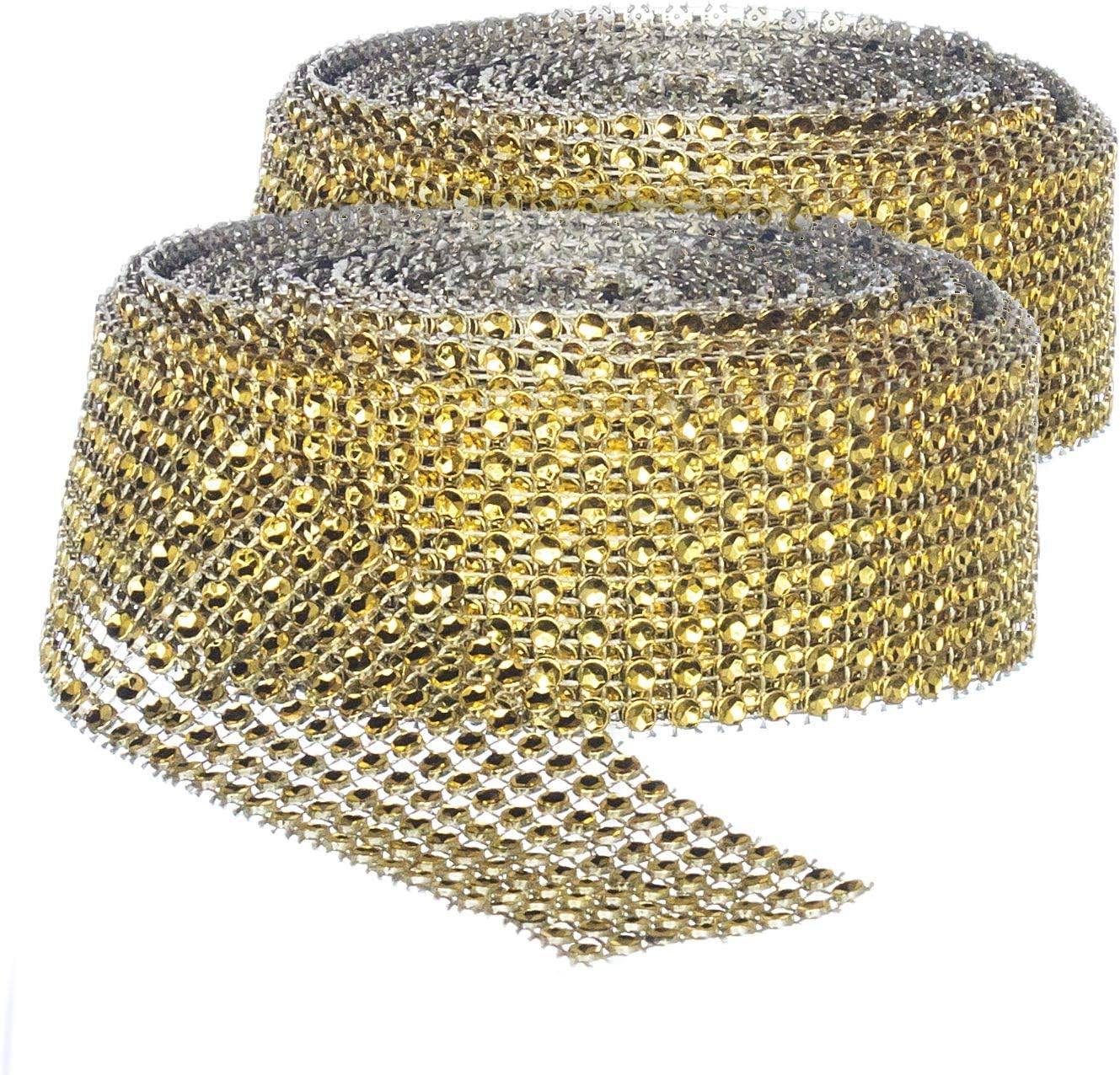 Rhinestone Diamond Bling Wrap Ribbon for Wedding Cake, Party, Holiday & Home Decoration, Gold 8-Rows, 2 Rolls 10 YDS EA.