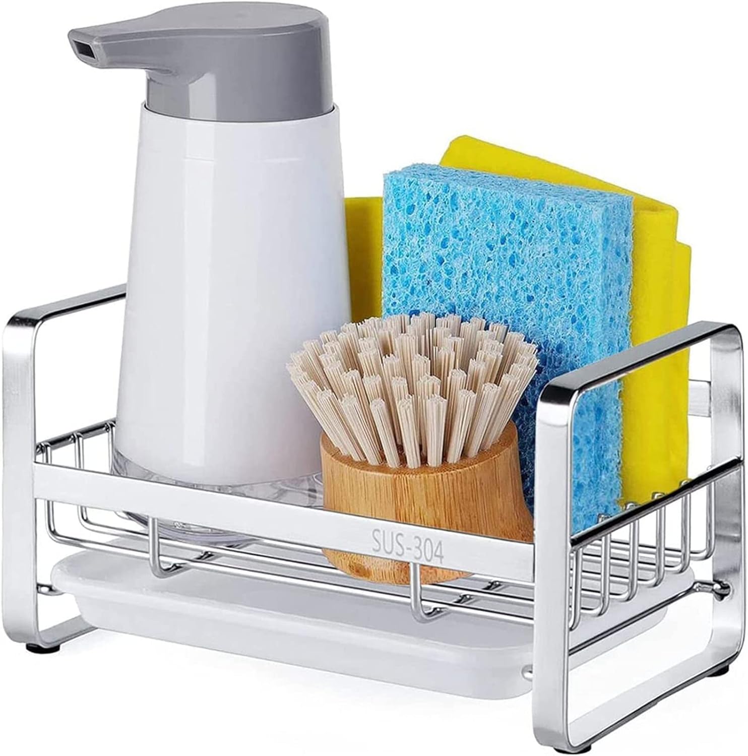 Kitchen Sink Sponge Holder, 304 Stainless Steel Kitchen Soap Dispenser Caddy Organizer, Countertop Soap Dish Rack Drainer with Removable Drain Tray, not Including Dispenser and Brush