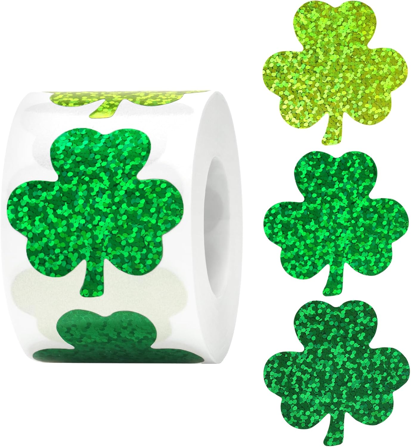 St.Patrick's Day Shamrock Stickers - 500Pcs 1.5'' Laser Shamrock Shape Stickers Roll Self Adhesive Holographic Green Irish Lucky Clover Sticker for Envelope Seal Card St.Patrick's Day 3 Color