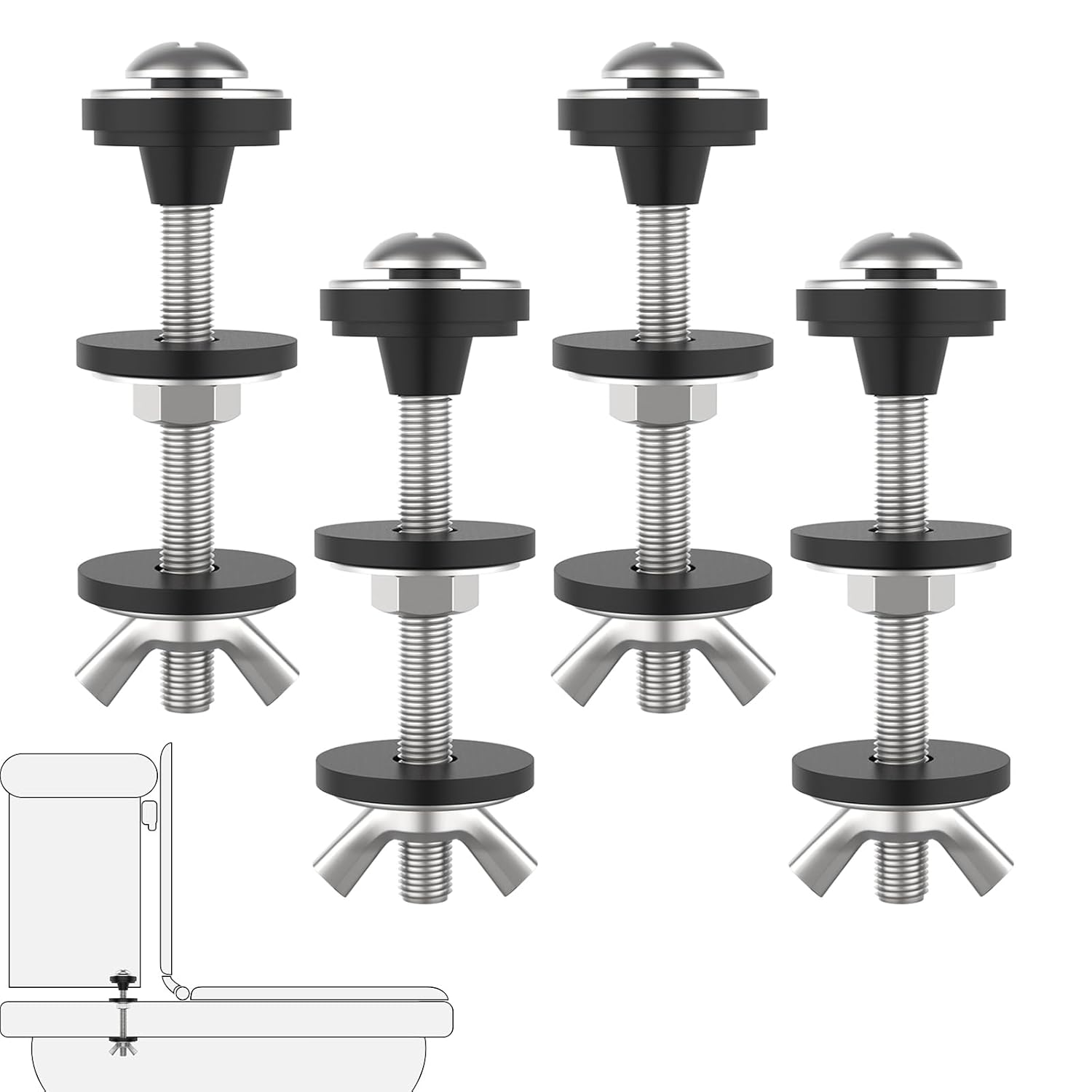 4 Pcs Universal Toilet Tank to Bowl Bolts Kit, Heavy Duty Stainless Steel Toilet Tank Bolts with Stainless and Rubber Washers Gasket for Toilet Mounting and Repair
