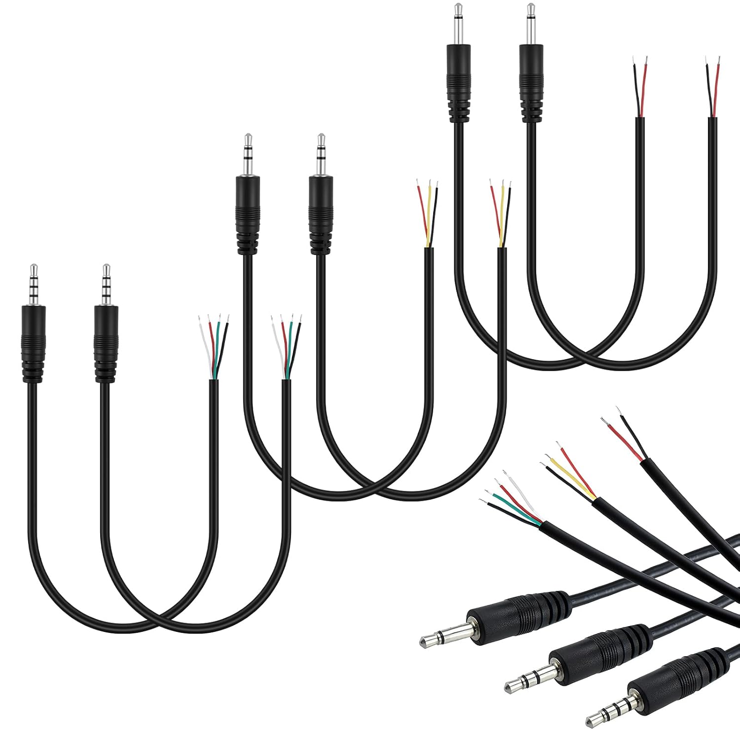 6 Pcs 3.5mm Male Plug to Bare Wire Cables, 2, 3 & 4 Pole Audio Cables for Repair - Compatible with Headphones, Speakers, Microphones, Scanners & More
