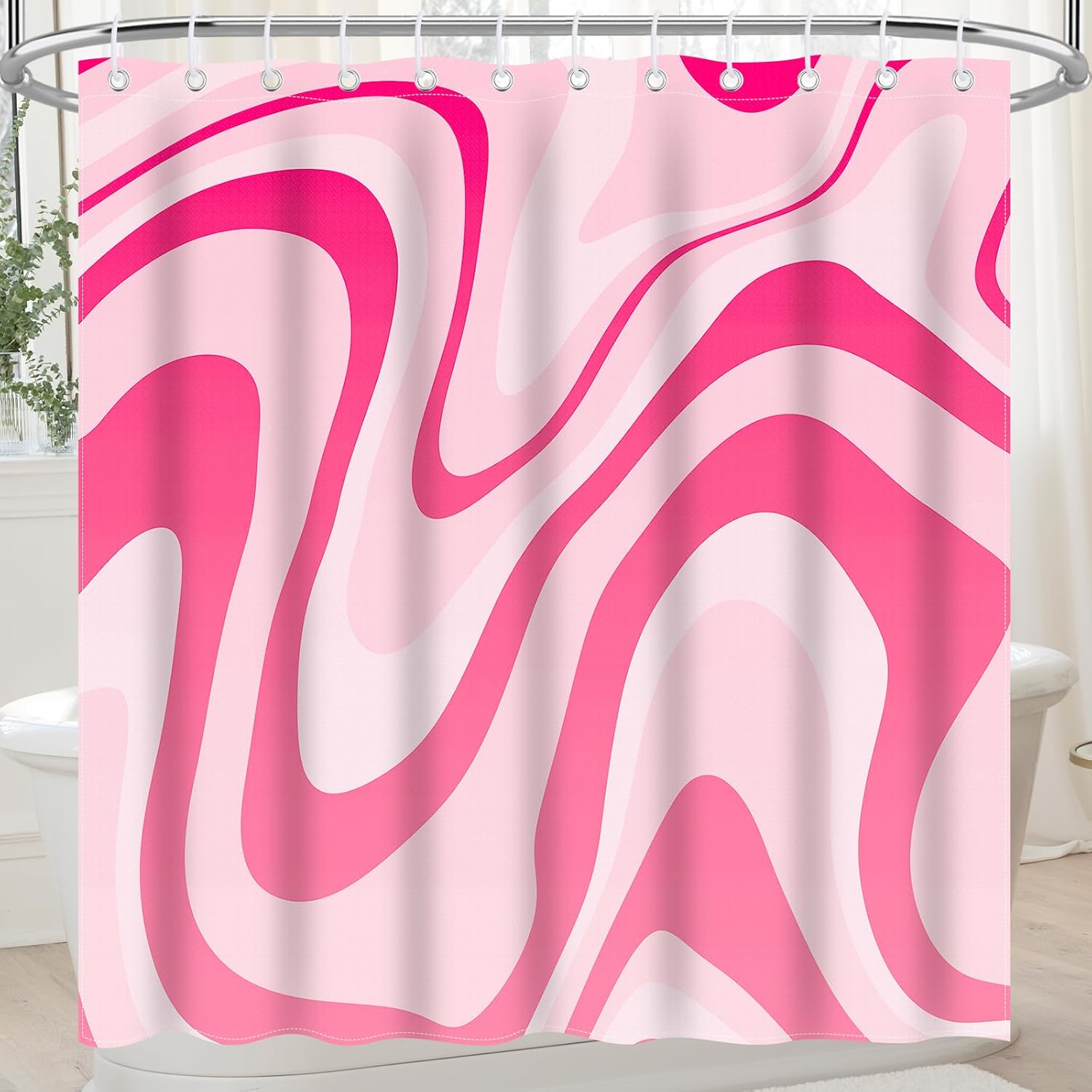 Pink Shower Curtain for Bathroom Cute Wavy Swirl 70S Abstract Retro Vintage Preppy Aesthetic Fabric Waterproof Bathroom Shower Curtains Set with Hooks 72x72 Inch