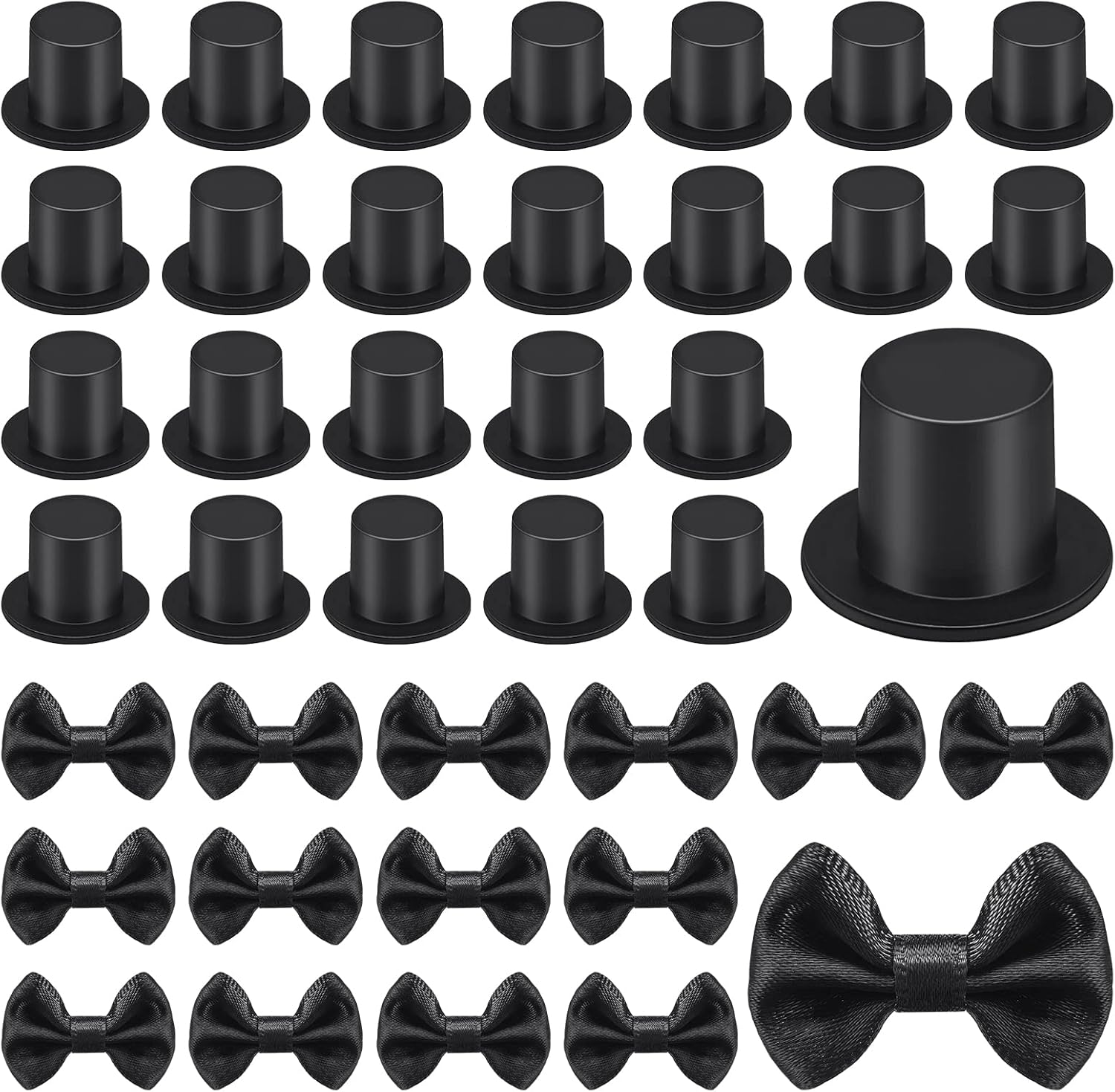 200 Pcs Include 100 Christmas Mini Top Hat Black Plastic Tiny Hats 100 Mini Satin Ribbon Bows Boutique Flower Bowknot Sewing Scrapbook DIY Snowman Crafting Project Wedding Birthday Party Decoration