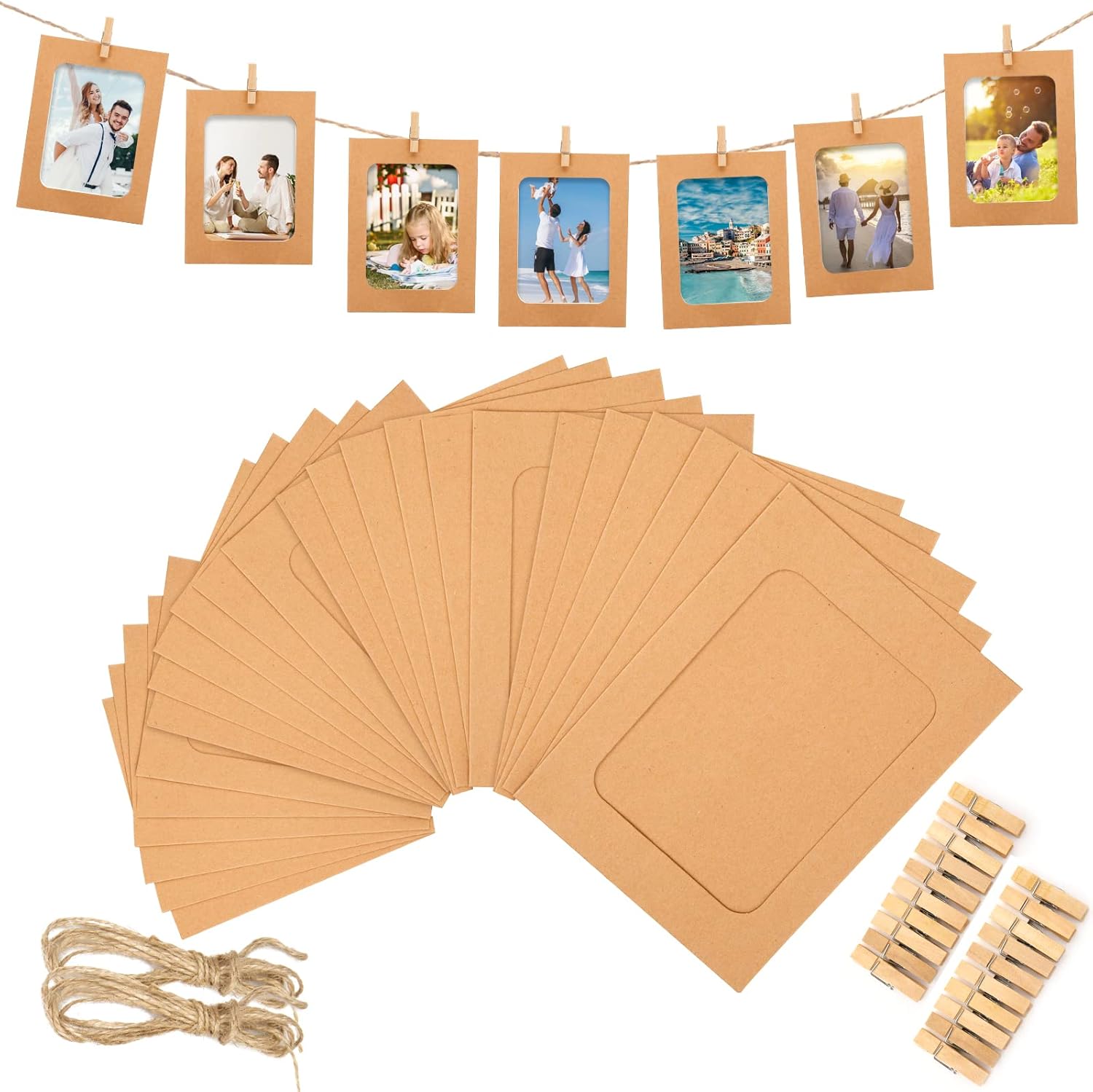 30Pcs Brown Paper Picture Frames, 4x6 inch Cardboard Photo Frames with Wooden Clips and String, DIY Picture Frames for Kids Artwork, Bedroom, Classroom Wall Decor Hanging Photo Display