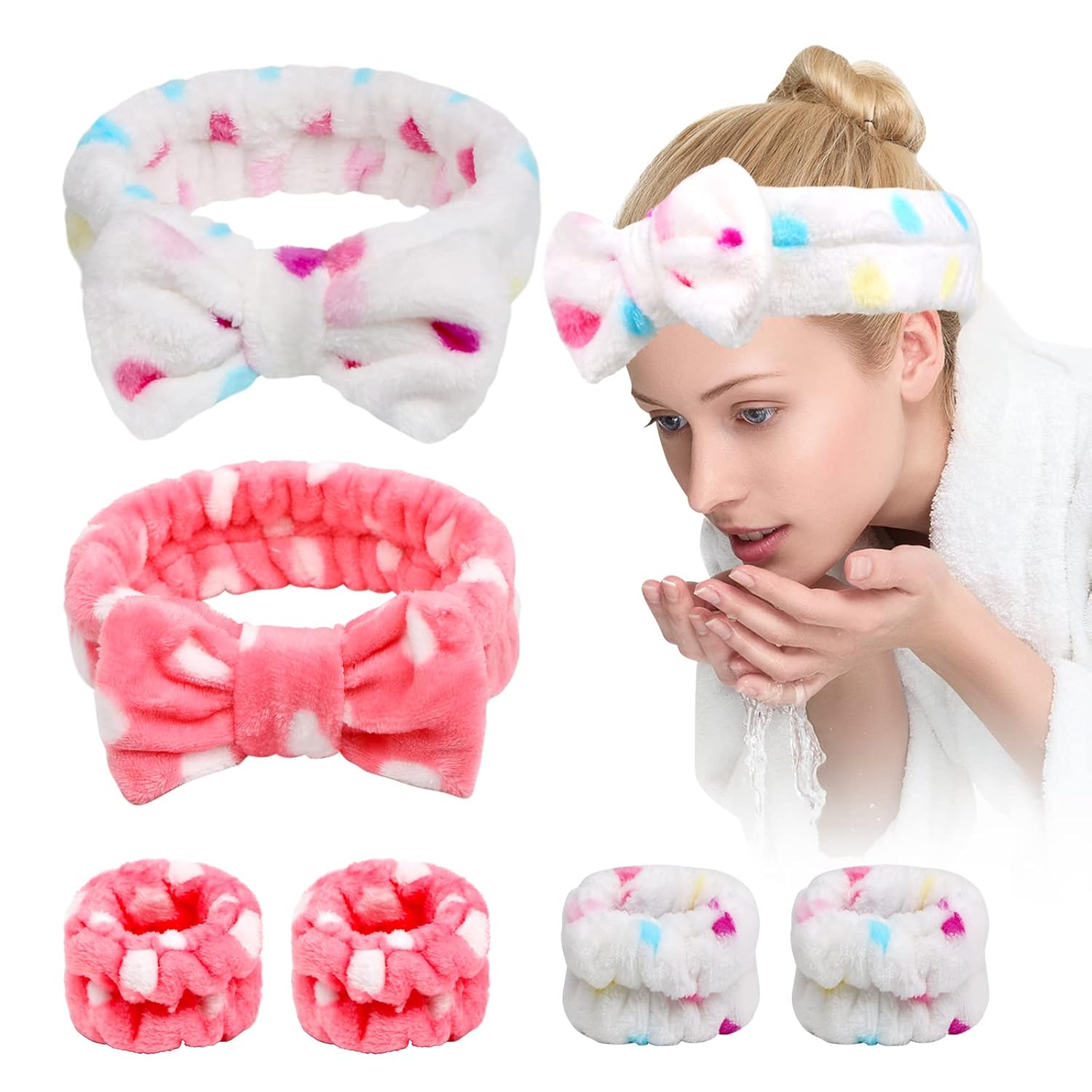 6 Pcs Face Wash Headband Wristband Set,Spa Headband Makeup Skincare Headbands Wrist Bands Scrunchies Bracelets for Washing Face Pink white,Love
