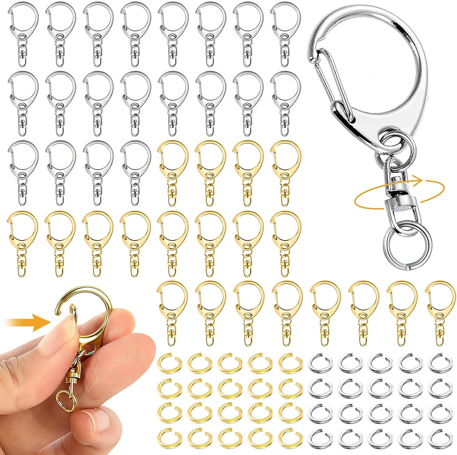 60 Pack Lobster Claw Clasps Keychain Kit Metal Lobster Claw Clasps D-shape Hook Clips with Swivel Snap and Open Jump Rings for Making Bag Buckles Zippers Pet Id Tags Party Gifts Gold+Silver