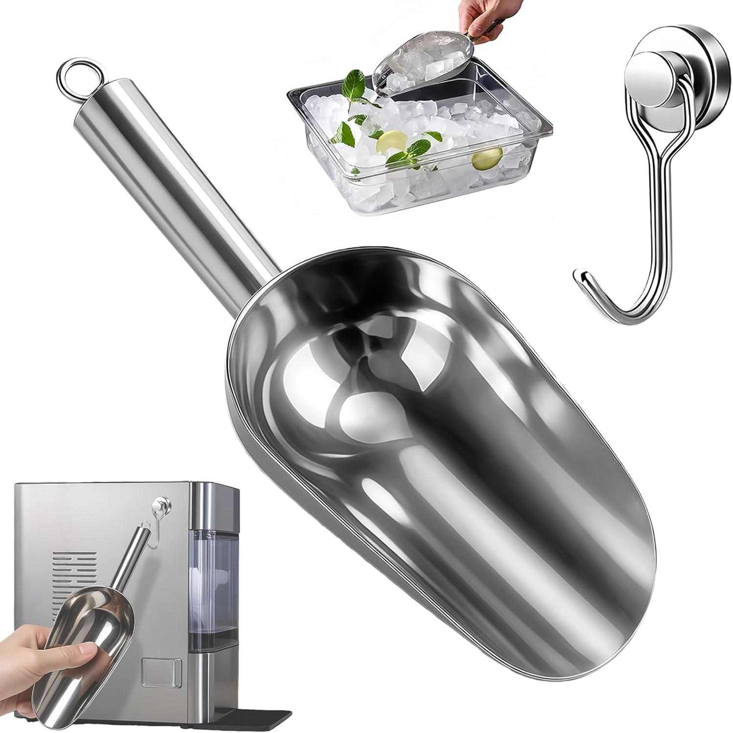 Ice Scoop for Freezer with Metal Hook Stainless Steel Ice Scooper for Ice Maker Metal Scooper for Kitchen Gadgets Cookie Flour Pet Dog Food Scoop Kitchen Bar Party Accessories Silver-8oz