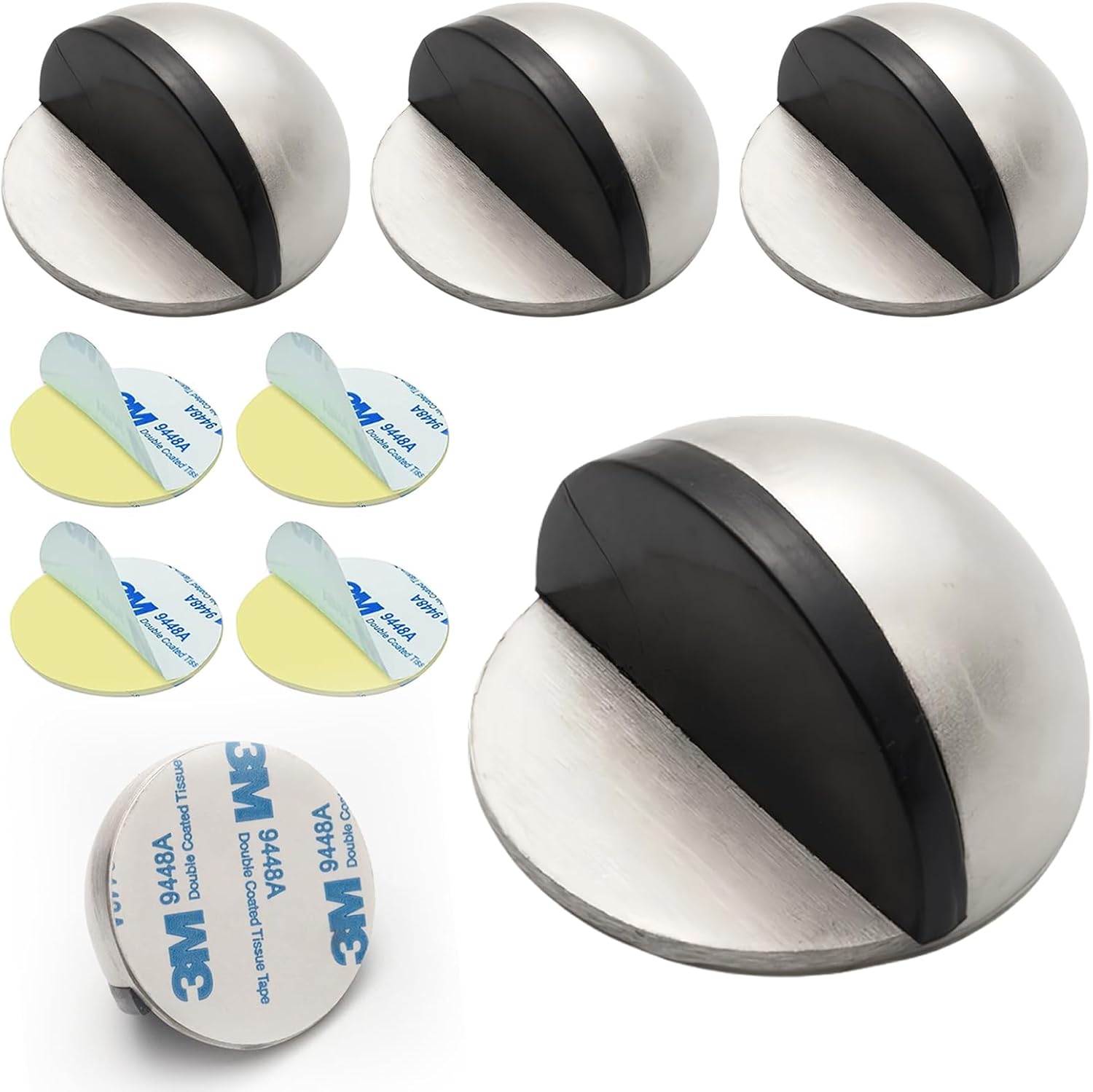 Drill-Free Floor Mounted Door Stoppers 3M Adhesive Self Adhesive Door Stoppers with Black Rubber Bumper Tips Floor Mount Half Dome Door Stopper for Office Bedroom Living Room Shower Room Silver-4Pcs