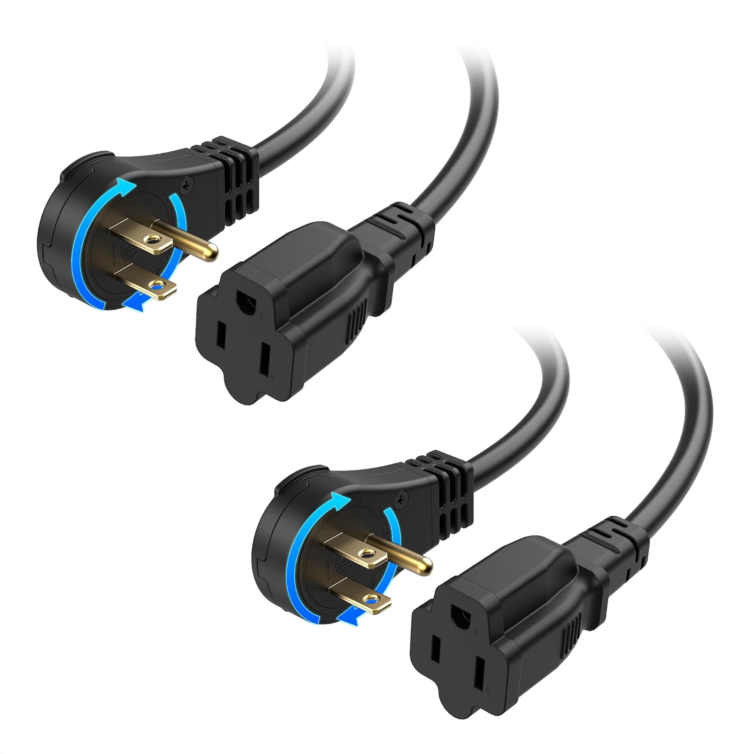 ETL Listed 2-Pack 16 AWG 360° Rotating Flat Plug Short Extension Cord - 1ft, 13A/1625W, Low Profile 3 Prong Power Extension Cords, NEMA 5-15P to NEMA 5-15R, Black